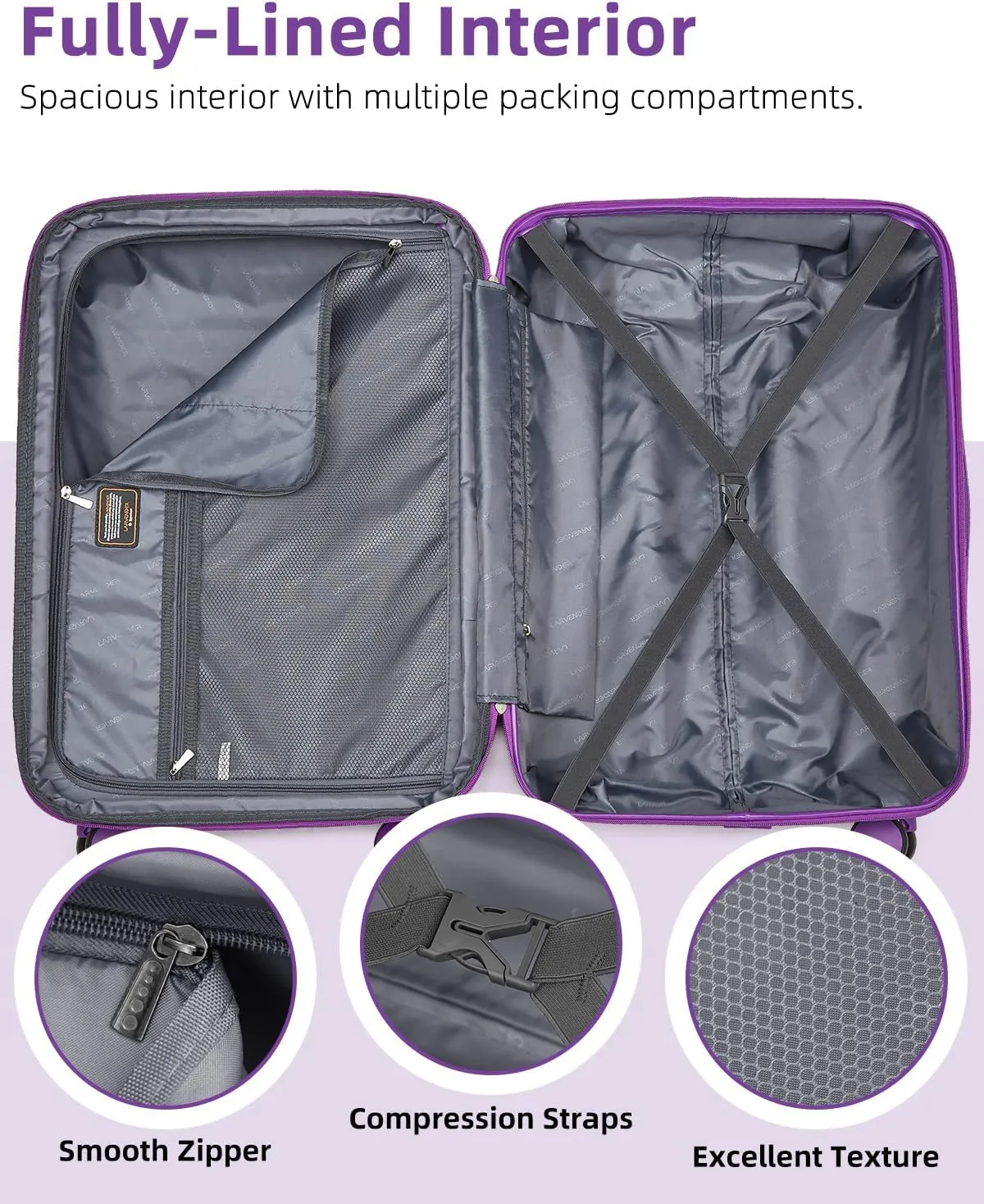 LARVENDER Carry on Luggage 22x14x9 Airline Approved, 20 Inch Hardside Suitcase with Wheels TSA Lock, PC ABS Lightweight Travel Luggage Sets for Women, Glossy Purple, 3 Piece Set