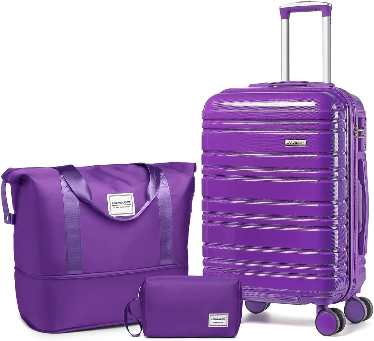 LARVENDER Carry on Luggage 22x14x9 Airline Approved, 20 Inch Hardside Suitcase with Wheels TSA Lock, PC ABS Lightweight Travel Luggage Sets for Women, Glossy Purple, 3 Piece Set