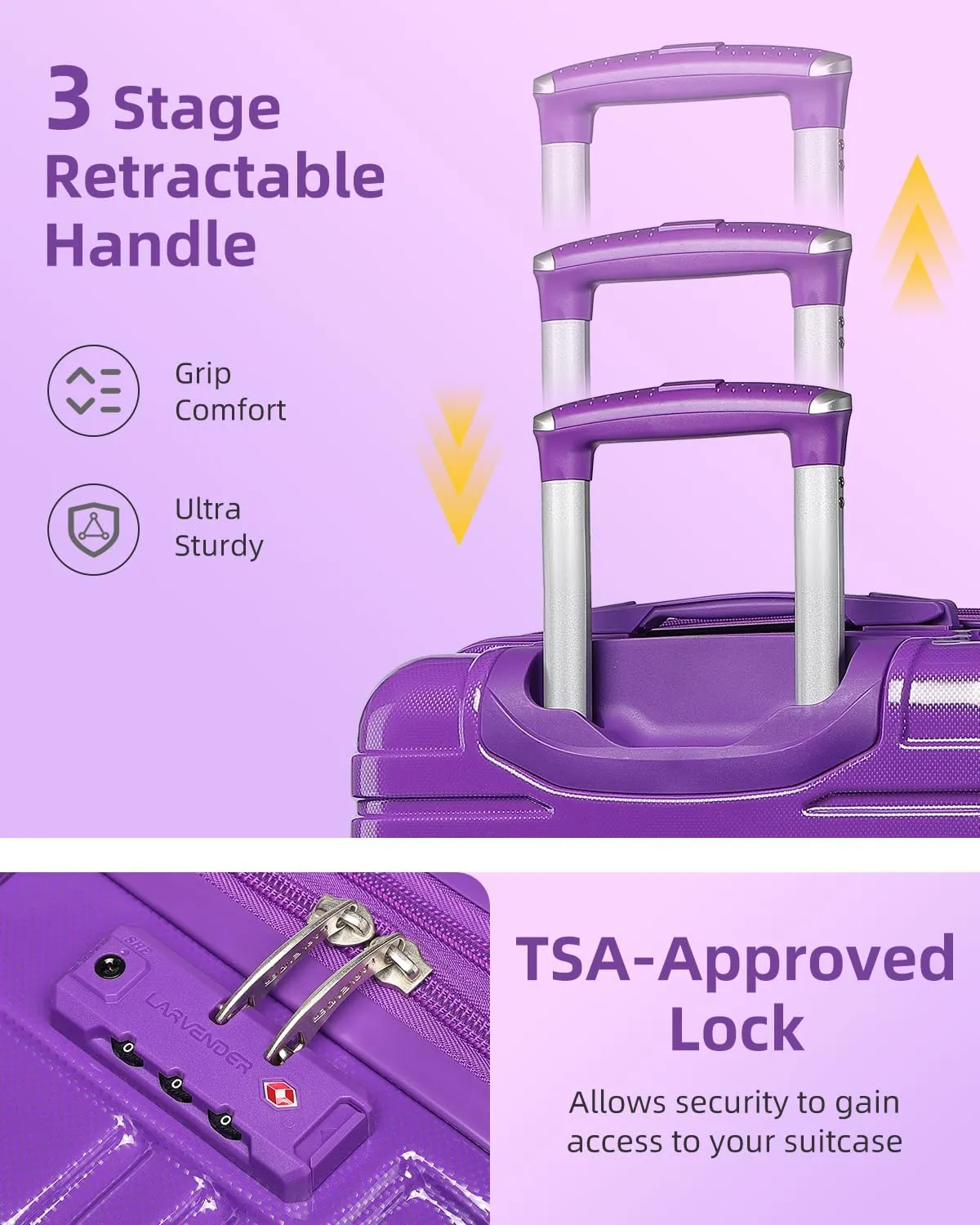 LARVENDER Carry on Luggage 22x14x9 Airline Approved, 20 Inch Hardside Suitcase with Wheels TSA Lock, PC ABS Lightweight Travel Luggage Sets for Women, Glossy Purple, 3 Piece Set