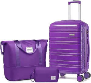 LARVENDER Carry on Luggage 22x14x9 Airline Approved, 20 Inch Hardside Suitcase with Wheels TSA Lock, PC ABS Lightweight Travel Luggage Sets for Women, Glossy Purple, 3 Piece Set