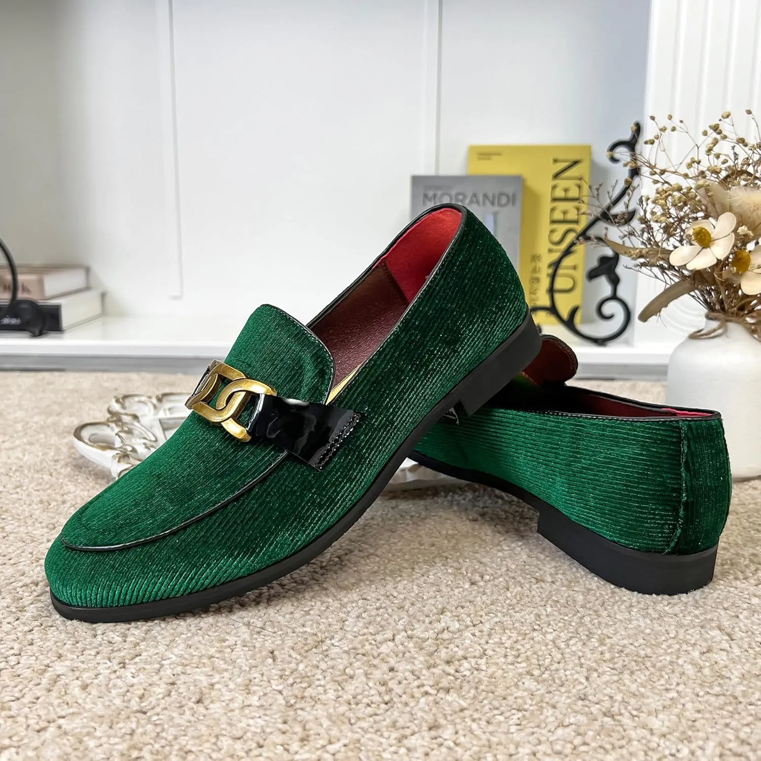 LCQL Men's Vintage Velvet Penny Loafer Shoes Noble Slip-on Suede Loafers with Gold Buckle Smoking Slippers Plus Size 7-13