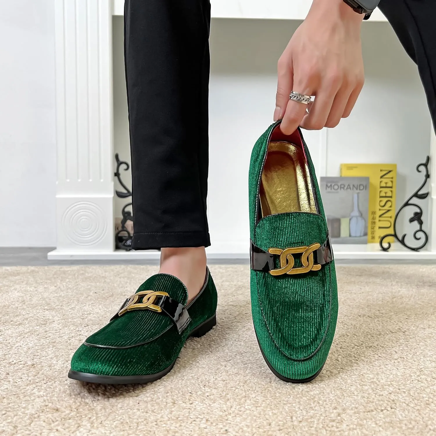 LCQL Men's Vintage Velvet Penny Loafer Shoes Noble Slip-on Suede Loafers with Gold Buckle Smoking Slippers Plus Size 7-13
