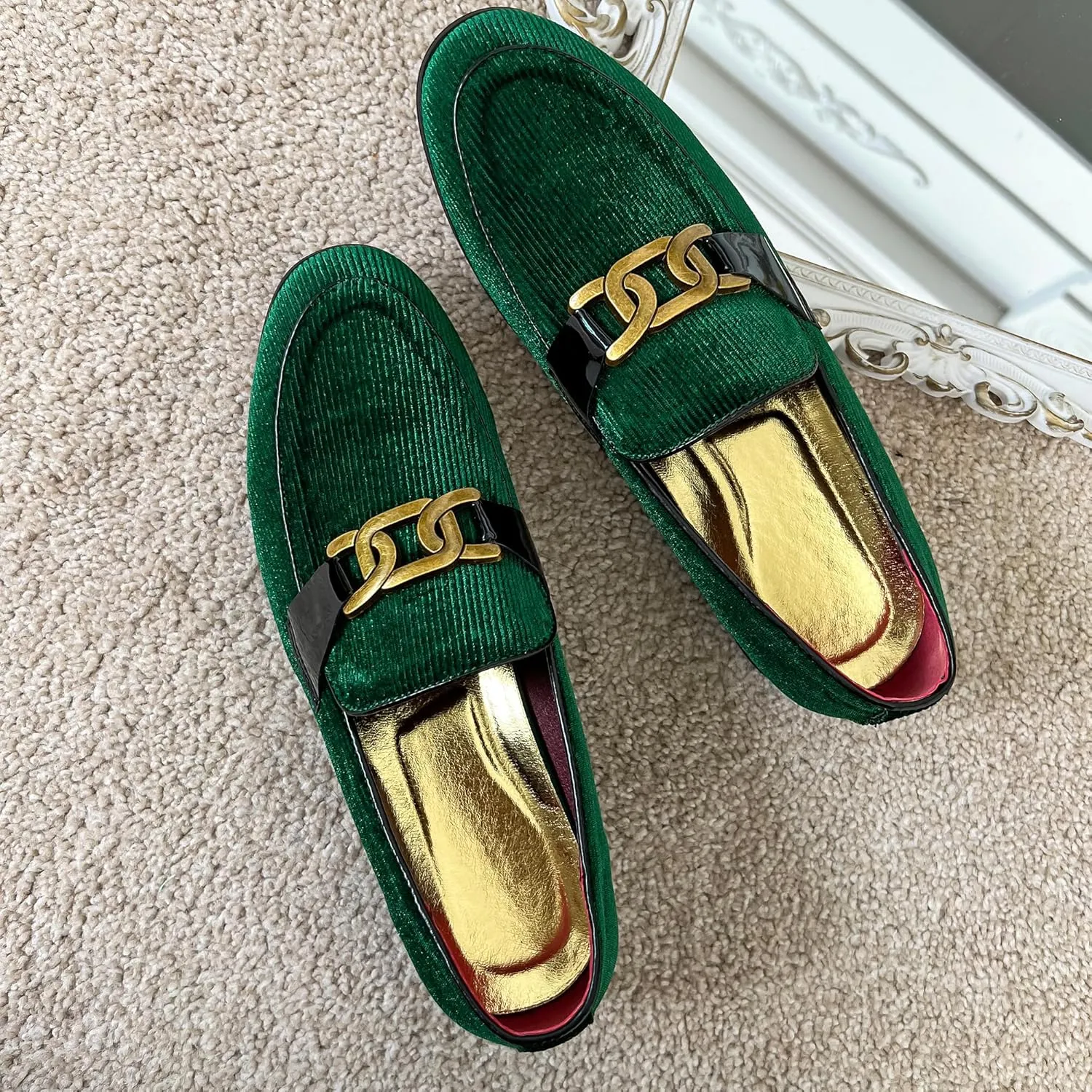 LCQL Men's Vintage Velvet Penny Loafer Shoes Noble Slip-on Suede Loafers with Gold Buckle Smoking Slippers Plus Size 7-13