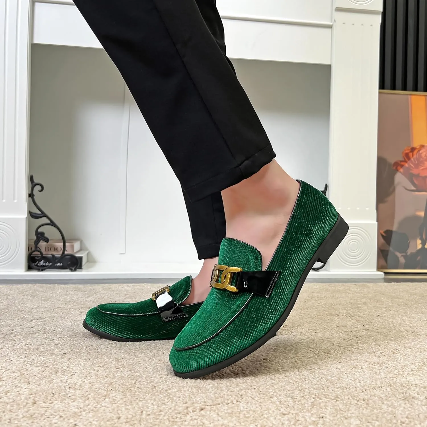 LCQL Men's Vintage Velvet Penny Loafer Shoes Noble Slip-on Suede Loafers with Gold Buckle Smoking Slippers Plus Size 7-13