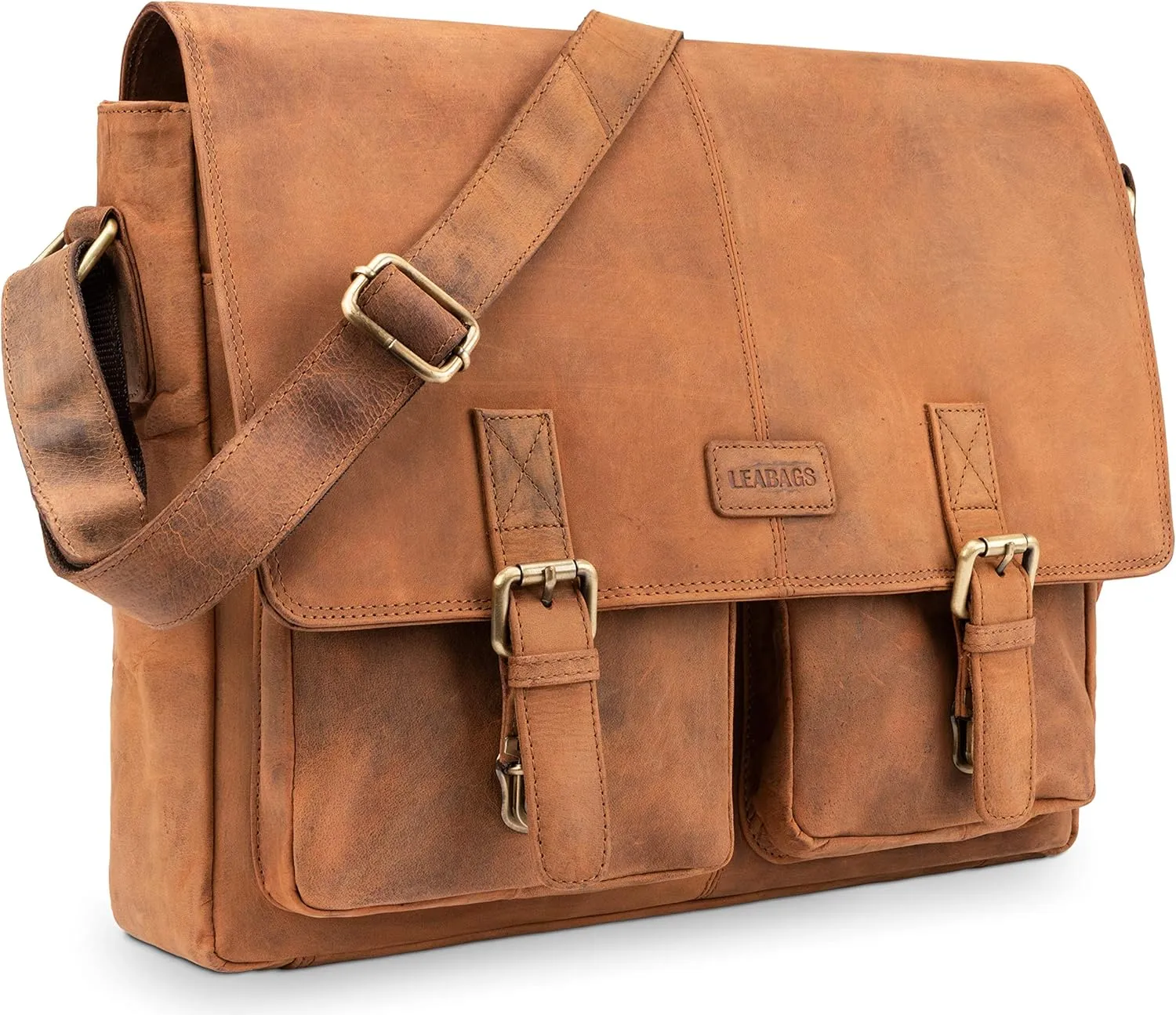 LEABAGS Leather Briefcases for Men - Genuine Leather Cambridge 15 Inch Laptop Bag - Messenger Bag Vintage Shoulder Bag