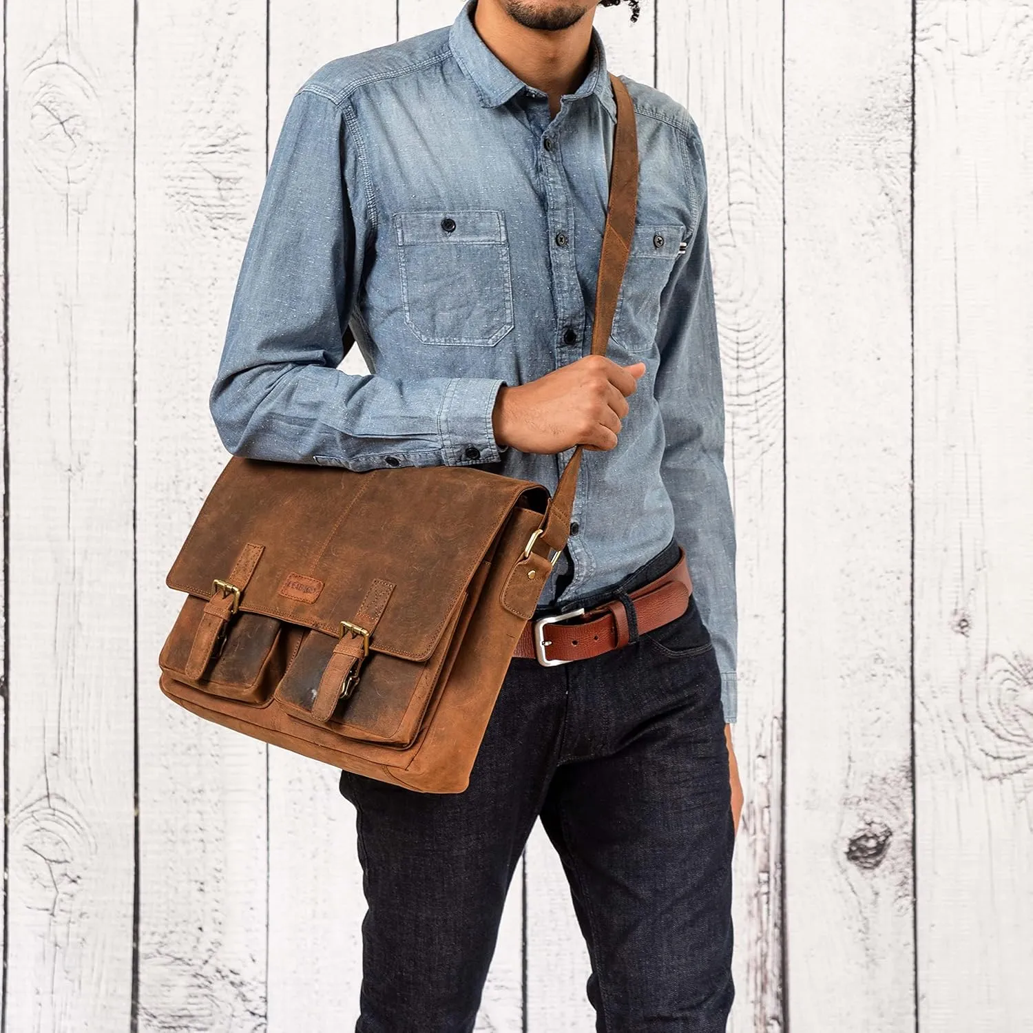 LEABAGS Leather Briefcases for Men - Genuine Leather Cambridge 15 Inch Laptop Bag - Messenger Bag Vintage Shoulder Bag