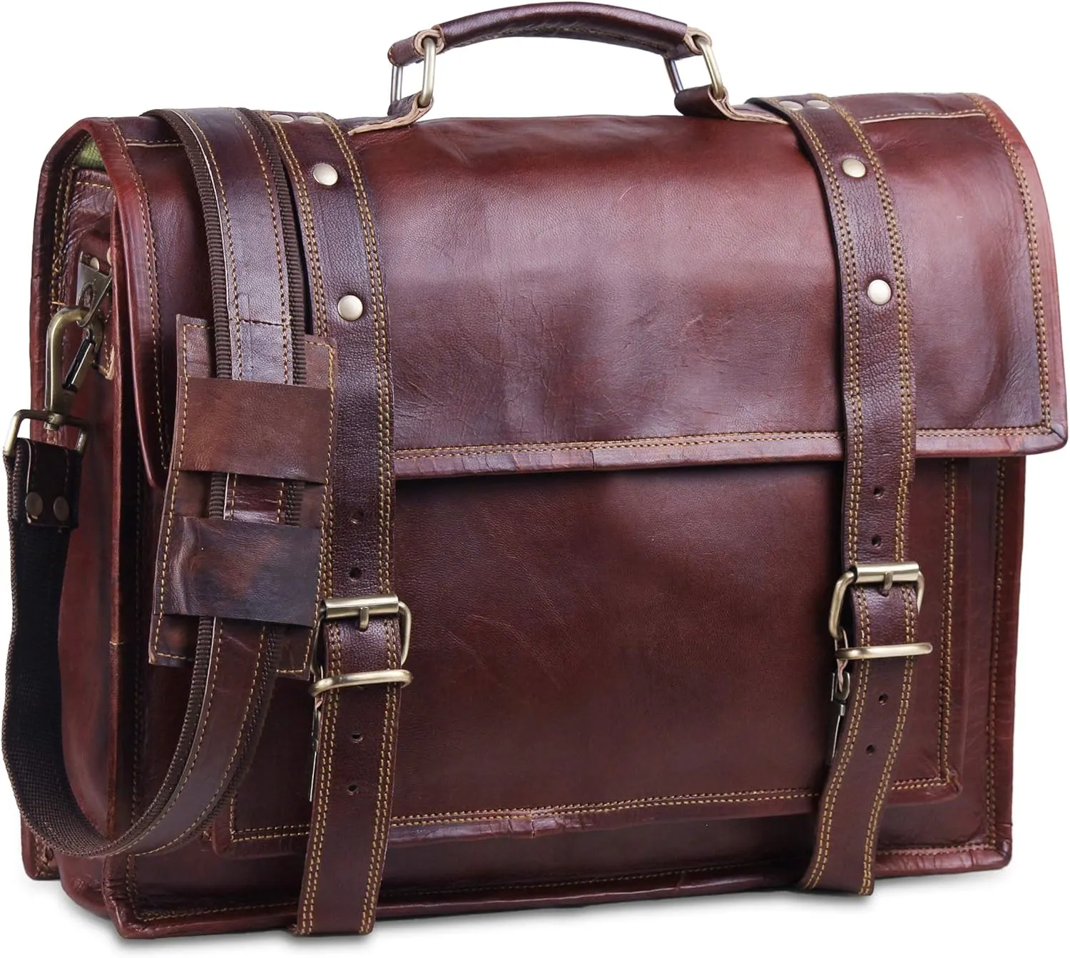 Leather Briefcase for Men, Best 18 Inch Leather Laptop Bag for Men, Vintage Handmade Rustic Leather Bag, Genuine Leather Computer Messenger Satchel Bag W/Retro Look