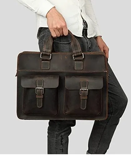 Leather Briefcase for Men Business Travel Messenger Bags Laptop Bag Metal Zipper,15.6-inc