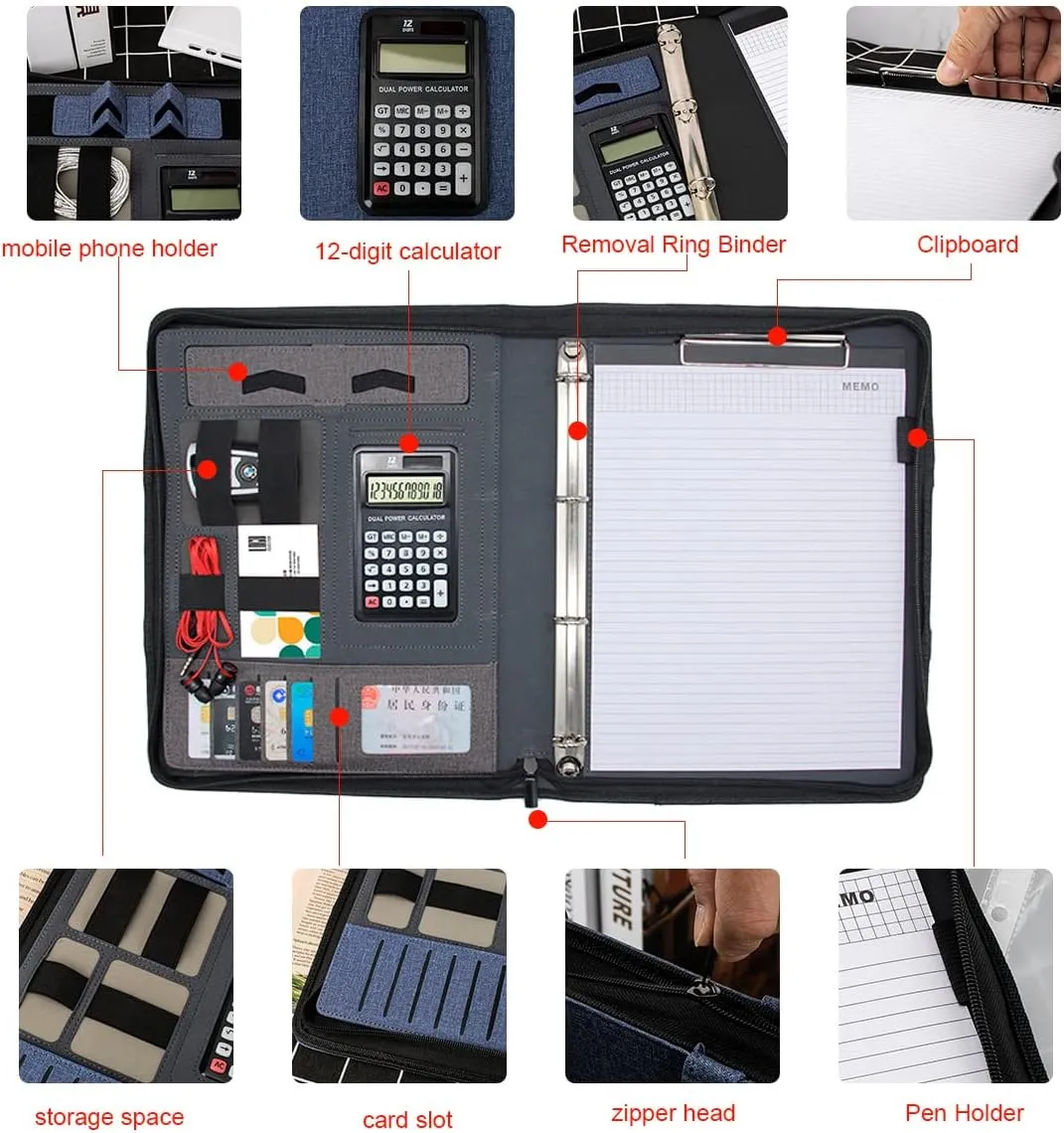 Leather Padfolio Portfolio, Business Conference Organizer Notepad Folder Bag for Women/Men(with Calculator, Light Gray)