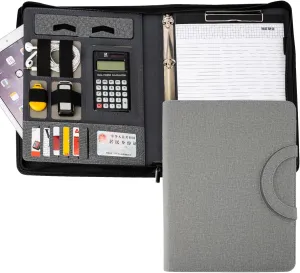 Leather Padfolio Portfolio, Business Conference Organizer Notepad Folder Bag for Women/Men(with Calculator, Light Gray)