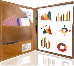Leather Padfolio Resume Portfolio File Folder – Interview/Legal Document Organizer for Letter Size Writing Pad with Business Card Holder, Ideal Gift Portfolios for Men & Women (Large, Cognac)