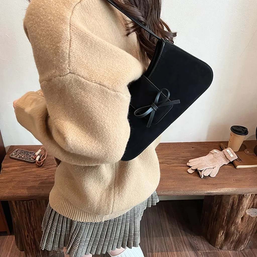 Leather Shoulder Bag With Bows Underarm Bags Casual Party Handbag For Women Trendy Satchel Purse