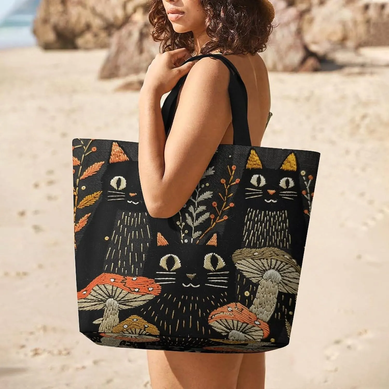 Leaves And Panther Tote Bags, Reusable Grocery Bags, Large Shopping Bag, Shoulder Bag for Women