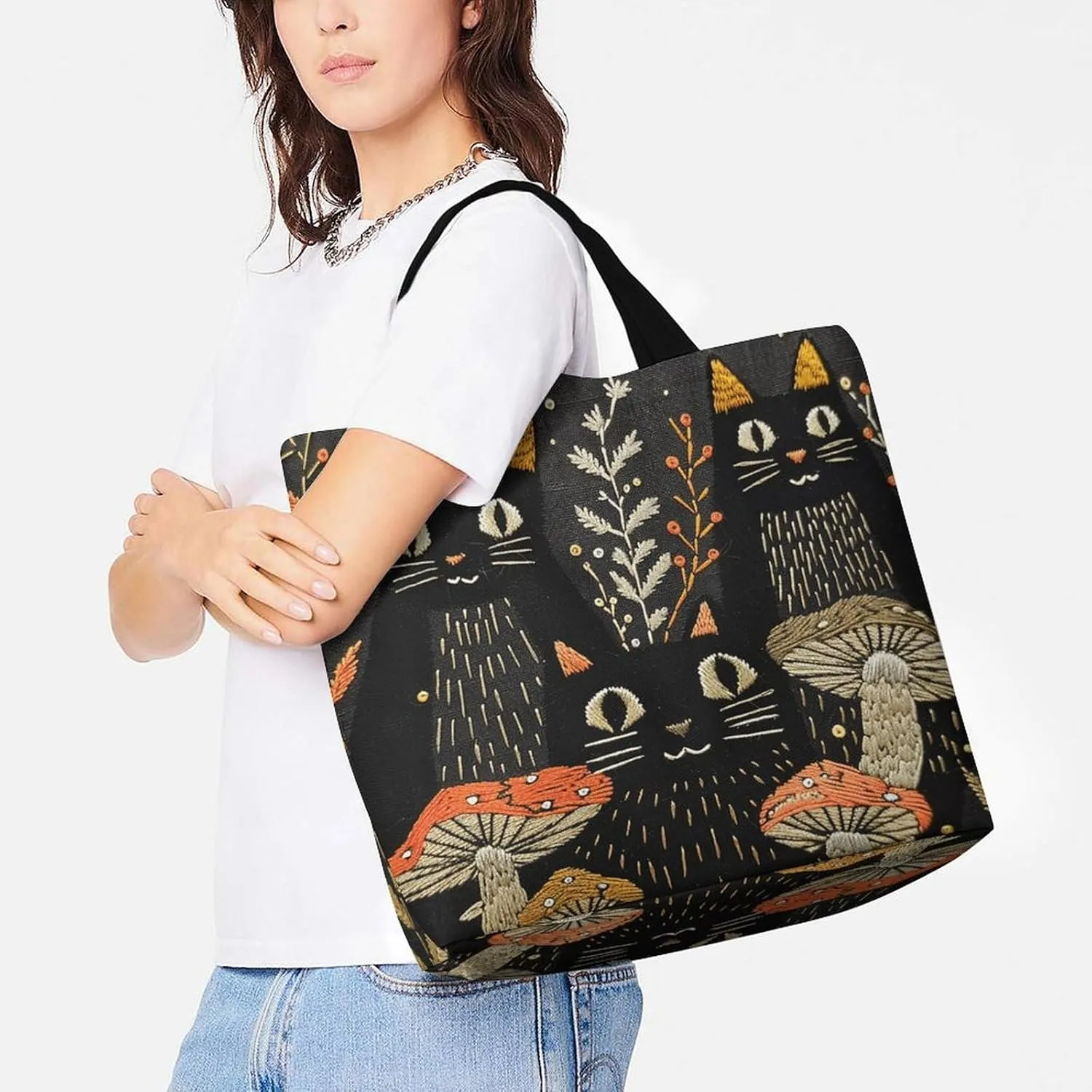 Leaves And Panther Tote Bags, Reusable Grocery Bags, Large Shopping Bag, Shoulder Bag for Women