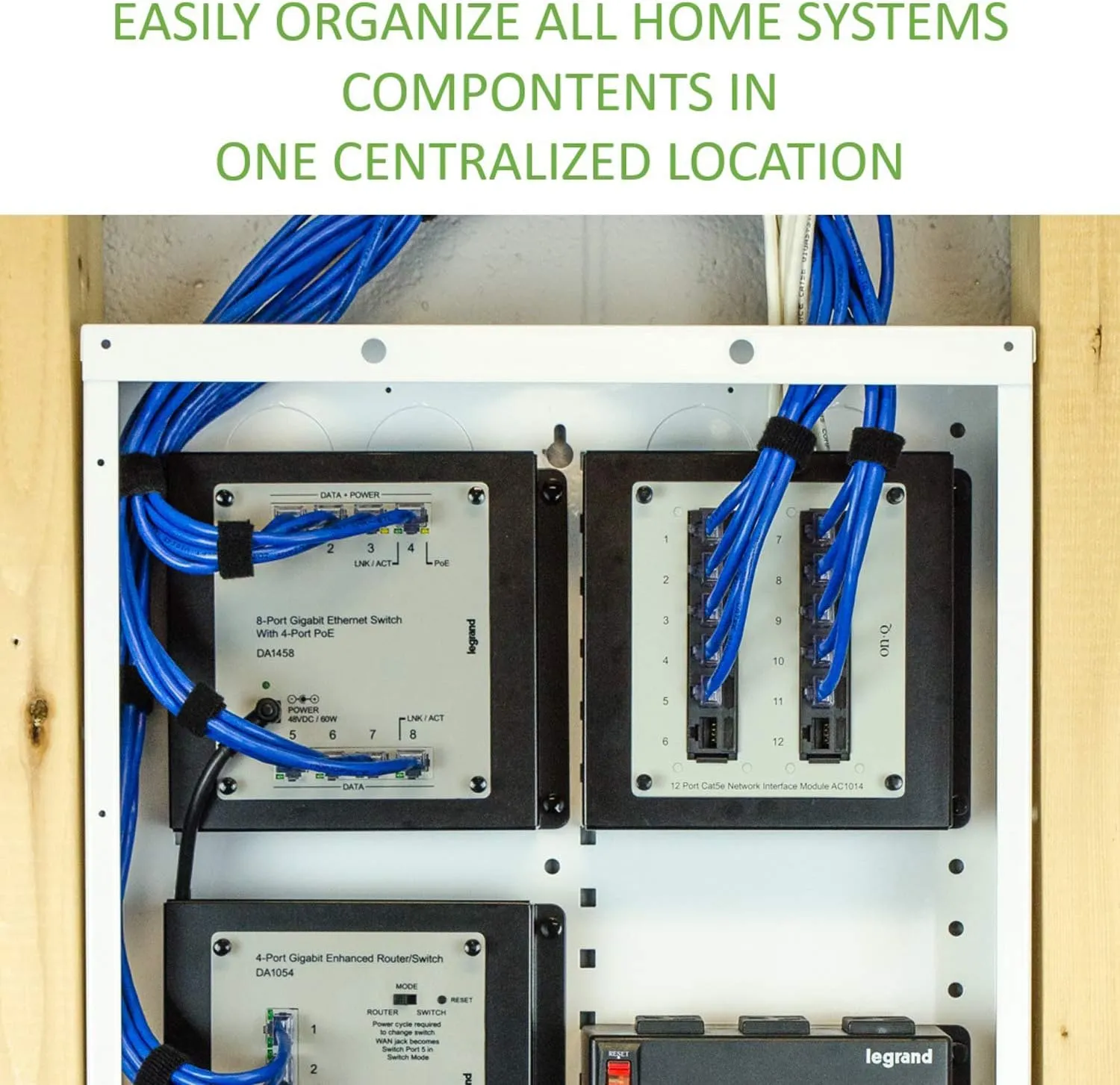 Legrand - OnQ 14 Inch Cable Management, In-Wall 20-Gauge Media Box, Structured Wiring Enclosure with 2.5 Inch Openings for Wires, Glossy White, EN1400