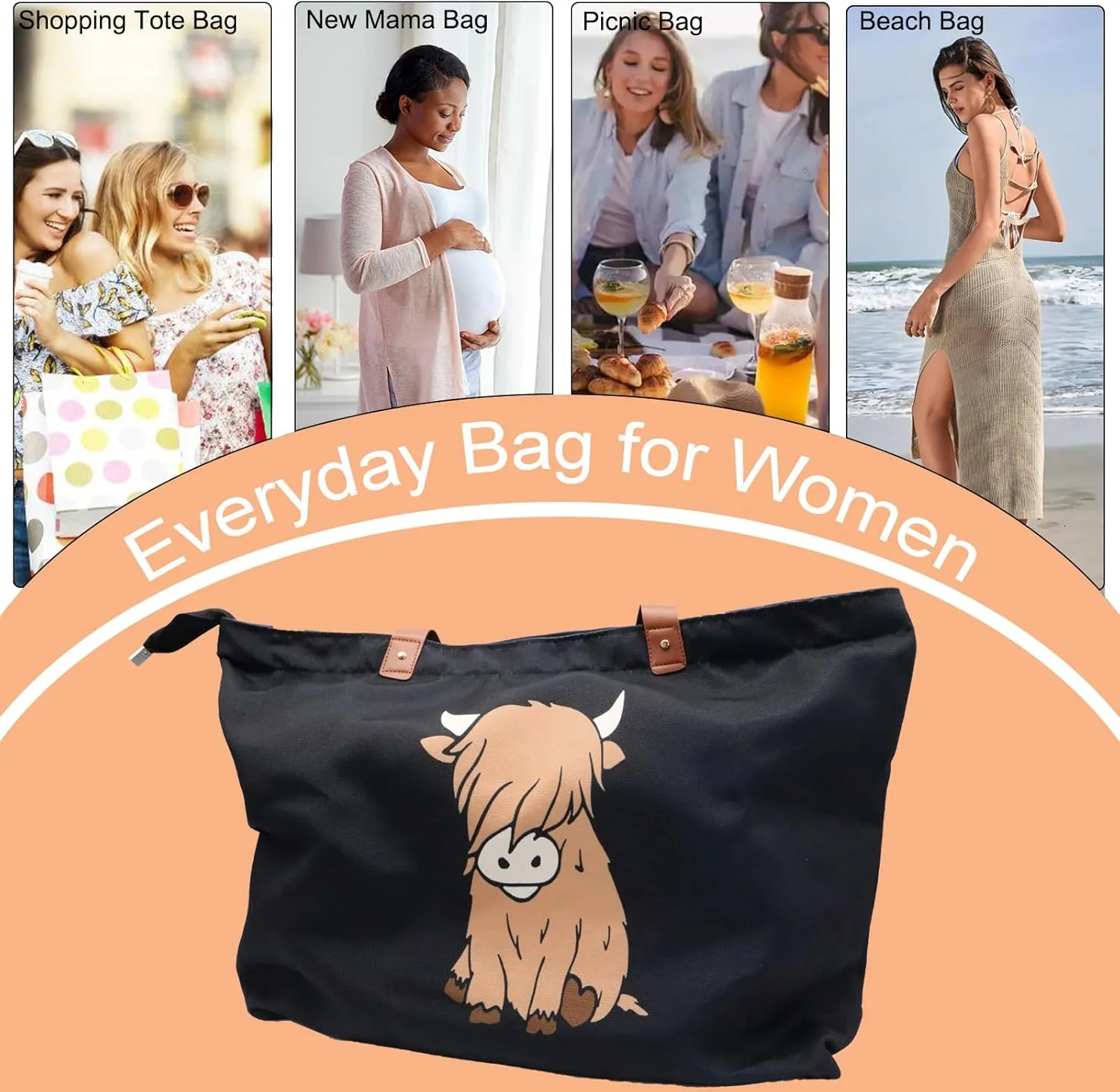 LEMEDE 30L Zip Grocery Bag - Wide Handheld to Reduce Shoulder Pressure,Personalized Minimalist Style Tote Bag,Gift for Women
