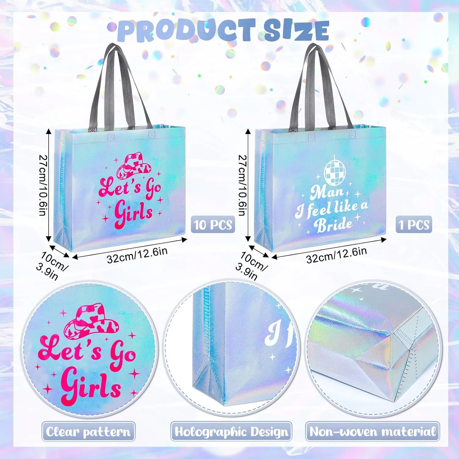Let's Go Girls Iridescent Gift Bags - Holographic Bachelorette Gift Bags - Glossy Party Favor Bridesmaid Bags