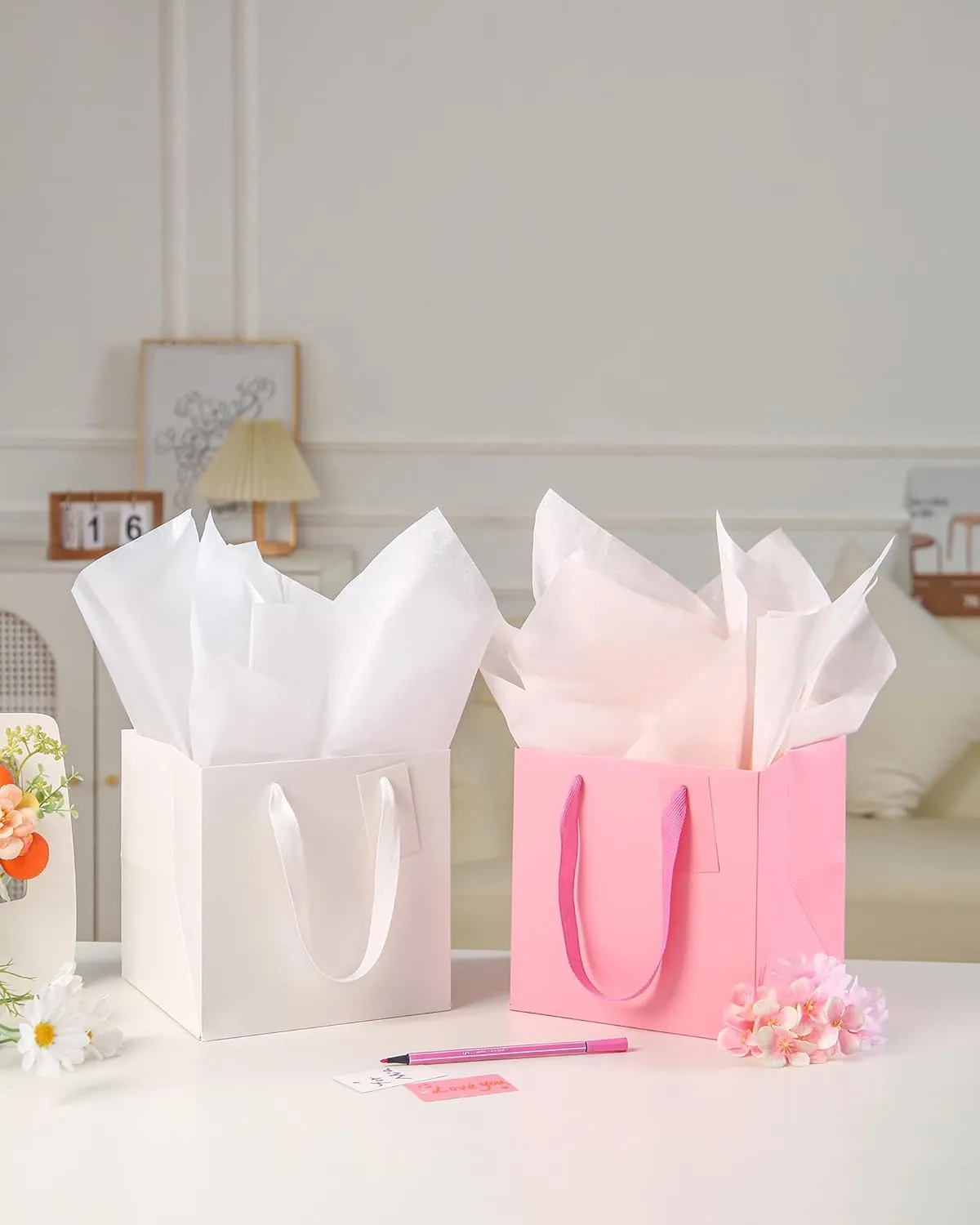 LFCXHTY 10 Pack Square Gift Bags with Tissue Paper Solid Small Pink Gift Bags with Handles for Party Favor Bag (8x8x8 In, Pink)