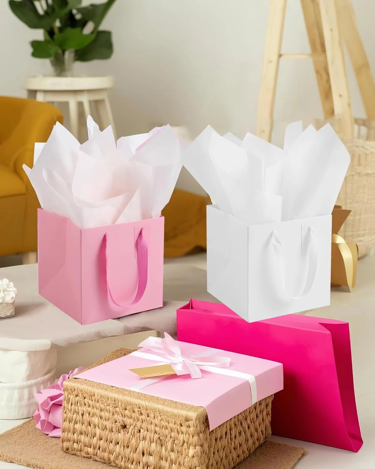 LFCXHTY 10 Pack Square Gift Bags with Tissue Paper Solid Small Pink Gift Bags with Handles for Party Favor Bag (8x8x8 In, Pink)