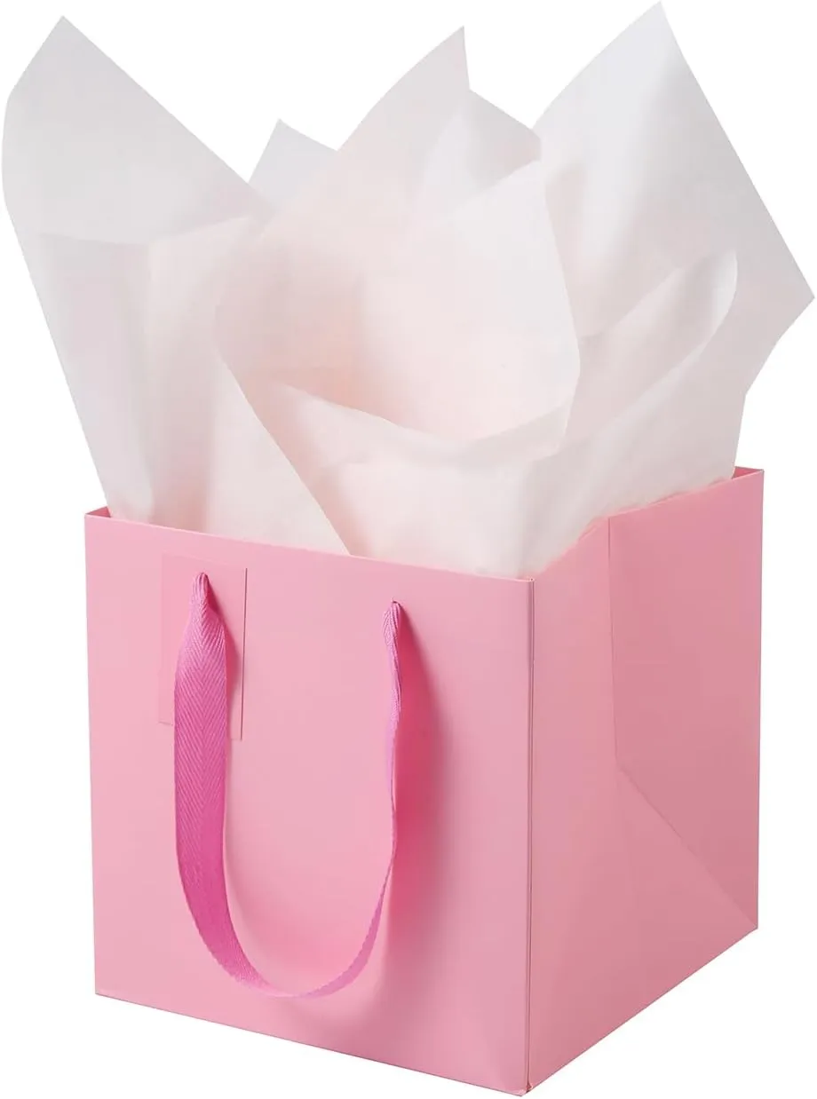 LFCXHTY 10 Pack Square Gift Bags with Tissue Paper Solid Small Pink Gift Bags with Handles for Party Favor Bag (8x8x8 In, Pink)