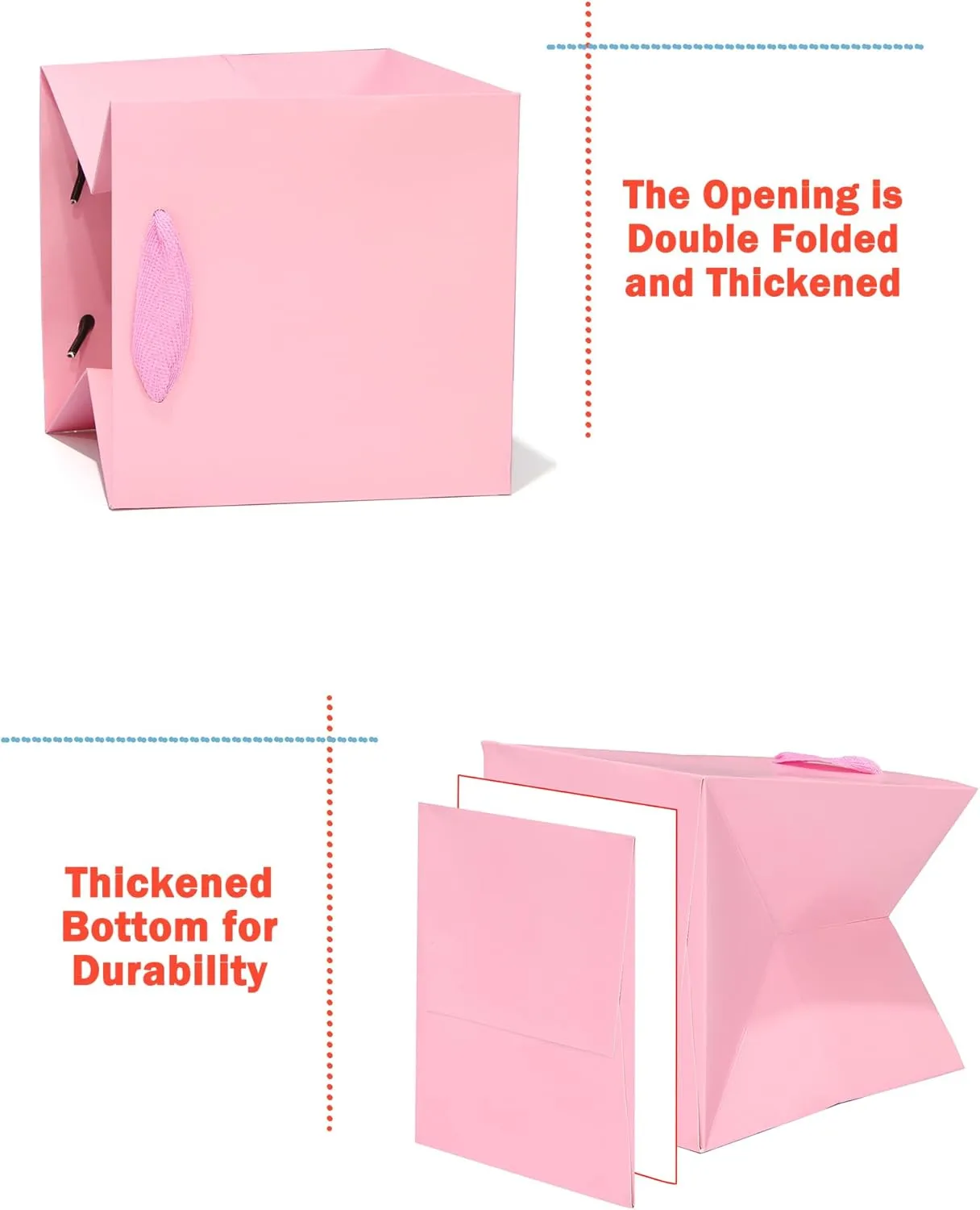 LFCXHTY 10 Pack Square Gift Bags with Tissue Paper Solid Small Pink Gift Bags with Handles for Party Favor Bag (8x8x8 In, Pink)