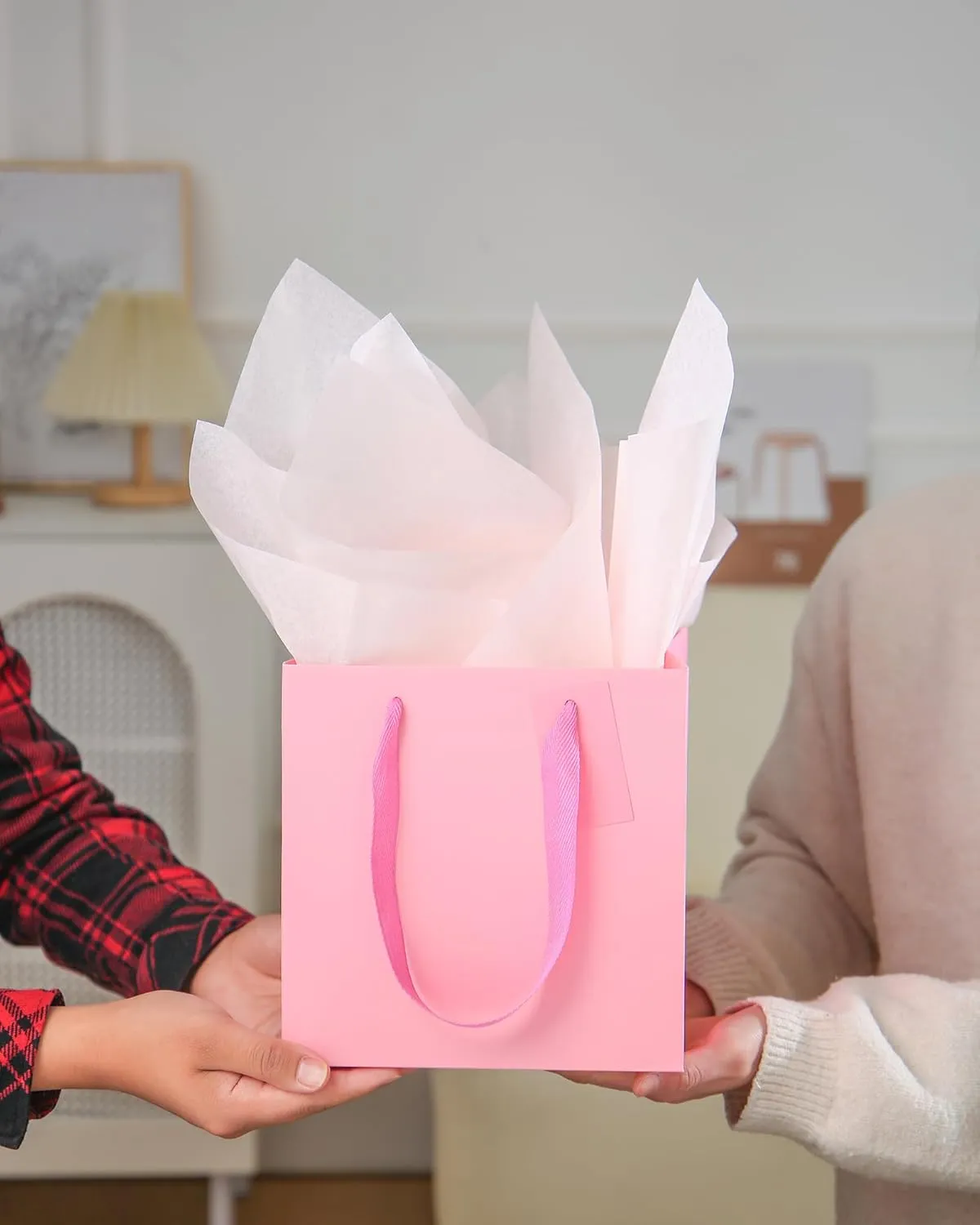 LFCXHTY 10 Pack Square Gift Bags with Tissue Paper Solid Small Pink Gift Bags with Handles for Party Favor Bag (8x8x8 In, Pink)
