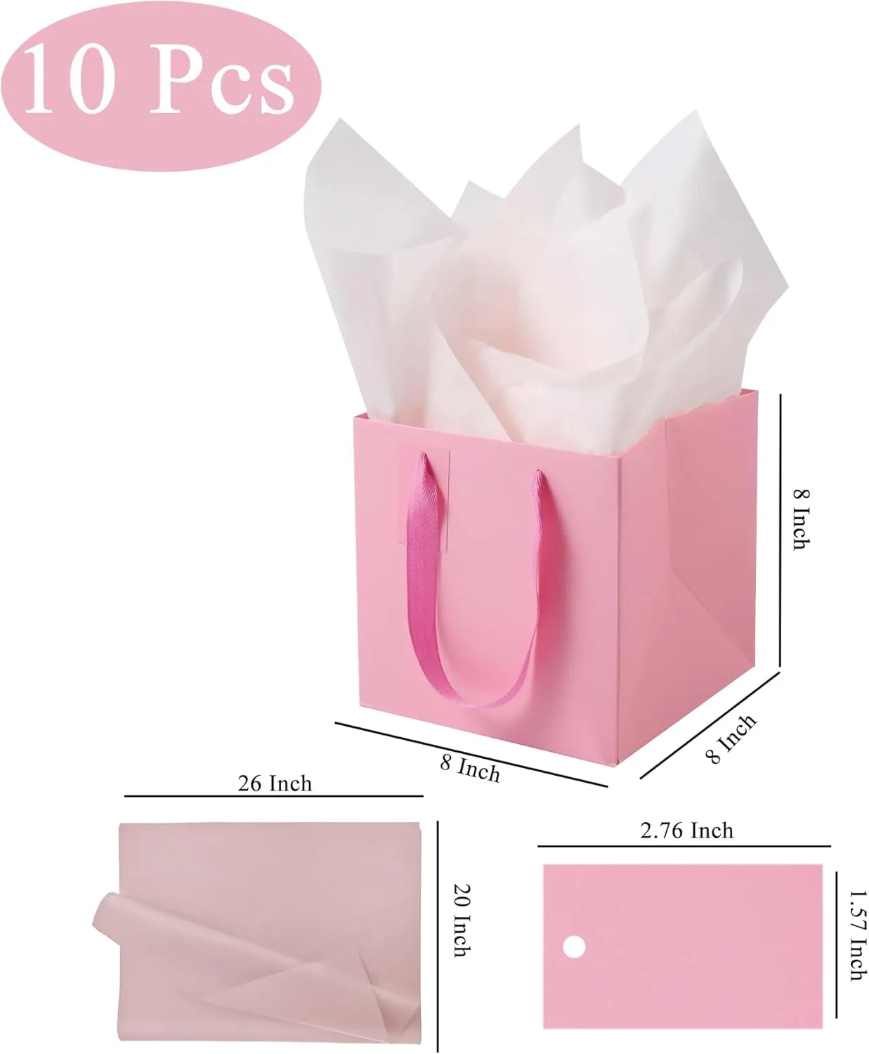 LFCXHTY 10 Pack Square Gift Bags with Tissue Paper Solid Small Pink Gift Bags with Handles for Party Favor Bag (8x8x8 In, Pink)