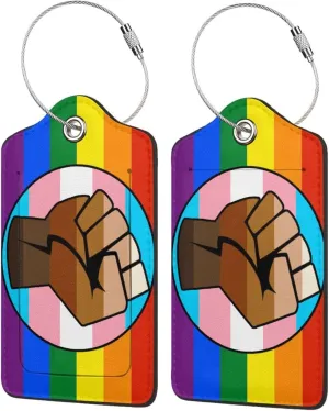 LGBT Gay Trans Pride BLM Fist Flag Luggage Tags for Travel, Stainless Steel & Leather, Personalized Engraved, Durable Bag Tags 2 PCS
