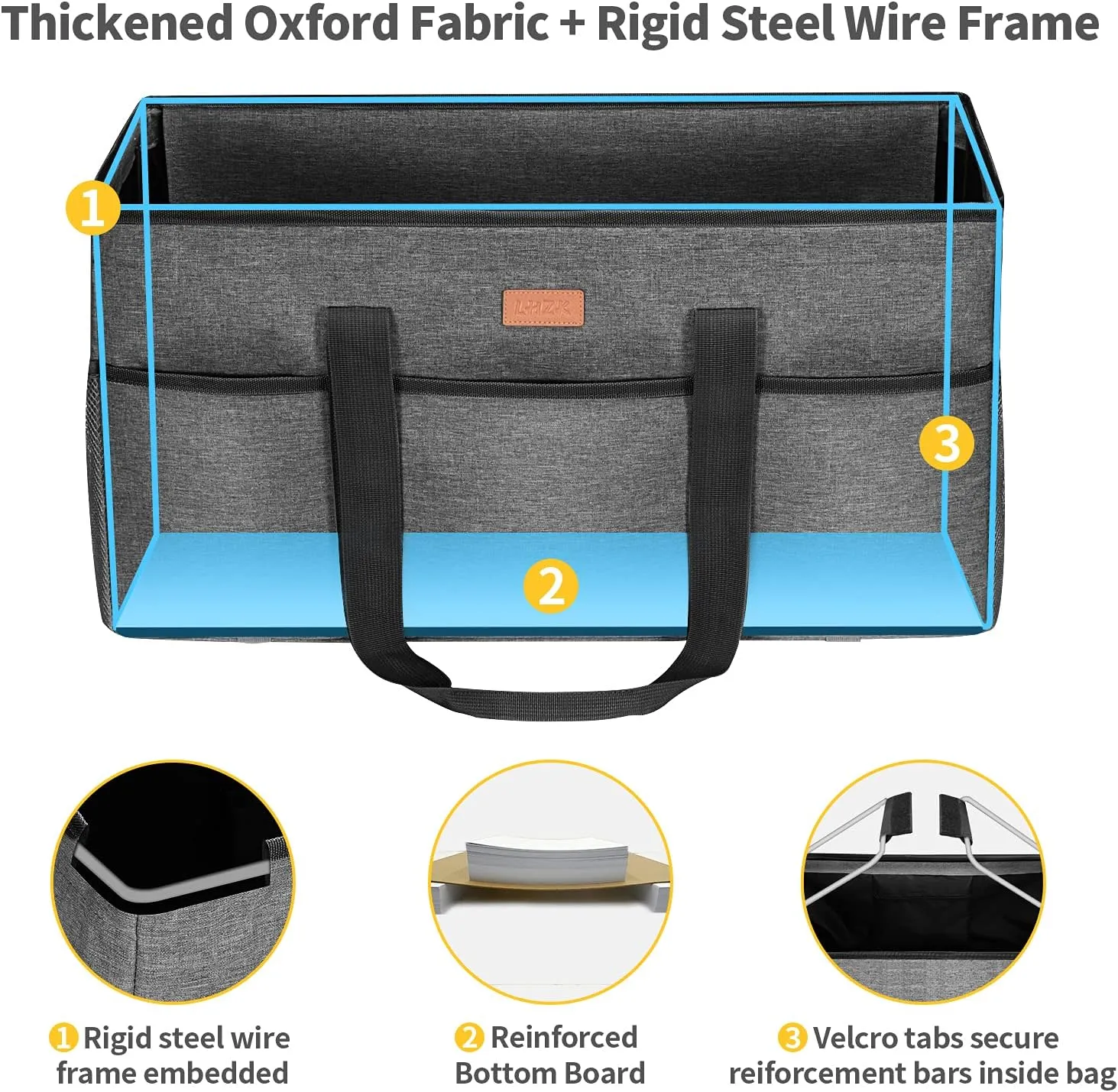 LHZK Stand Up Extra Large Utility Tote Bag with Lid, Utility Tote Bag with Metal Wire Frame and Sides Rinforced