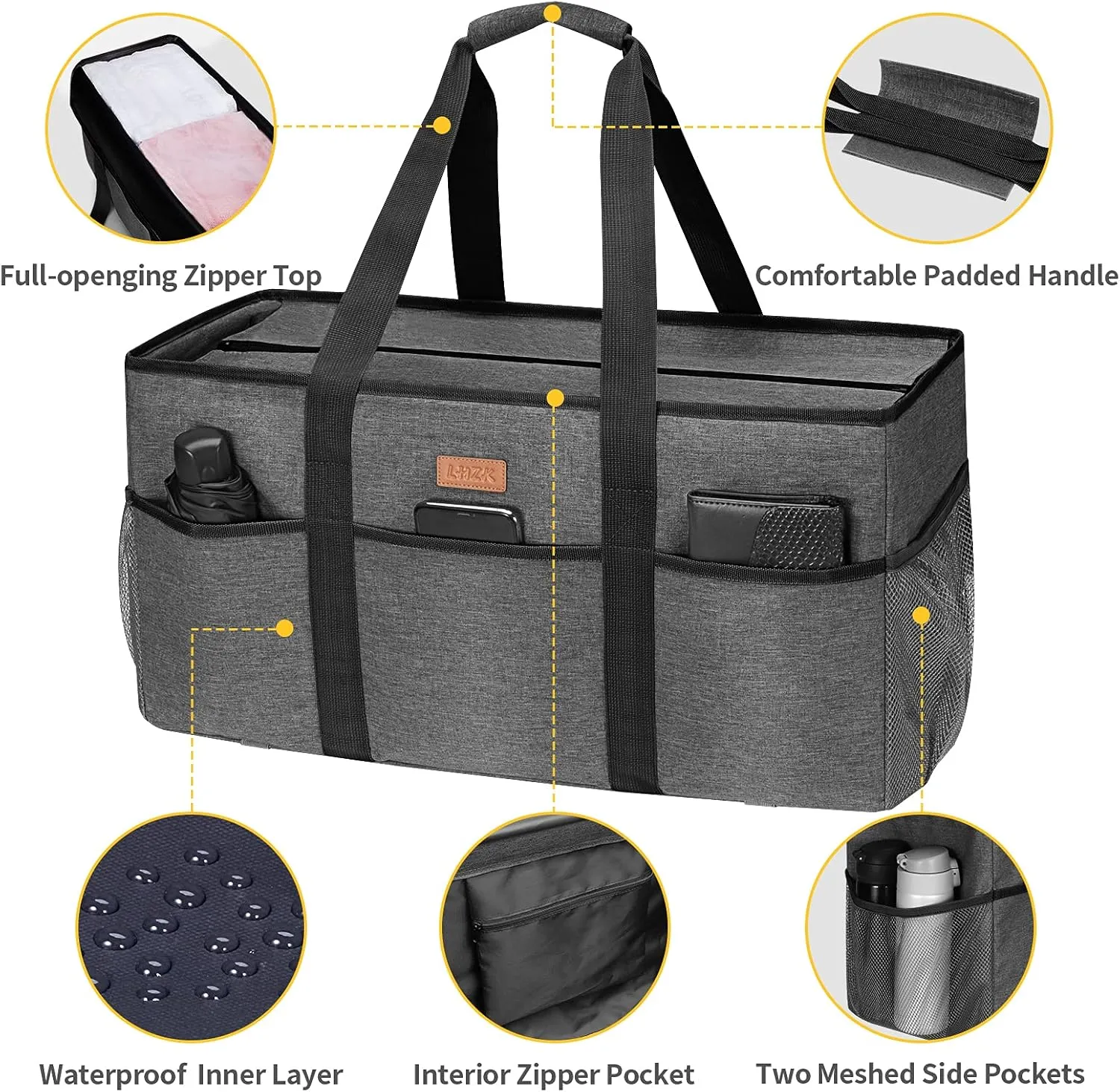 LHZK Stand Up Extra Large Utility Tote Bag with Lid, Utility Tote Bag with Metal Wire Frame and Sides Rinforced