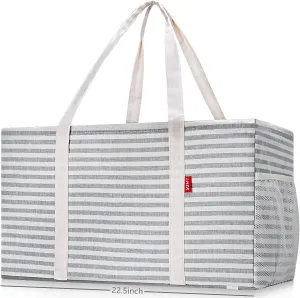LHZK Standing Extra Large Utility Tote Bag with Metal Wire Frame and the Sides Rinforced, Extra Large Tote Bag with Handle, Reusable Grocery Bags Foldable, Beach Bag, Car Tote (Gray)