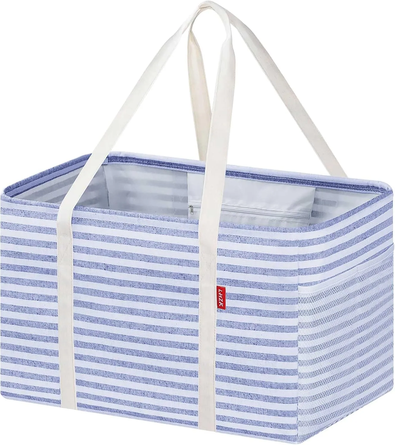 LHZK Standing Utility Tote Bag with Metal Wire Frame and the Sides Rinforced, Large Tote Bag with Handle, Reusable Grocery Bags Foldable, Beach Bag, Car Tote (Blue, 18.5''x11.8''x11.5'')