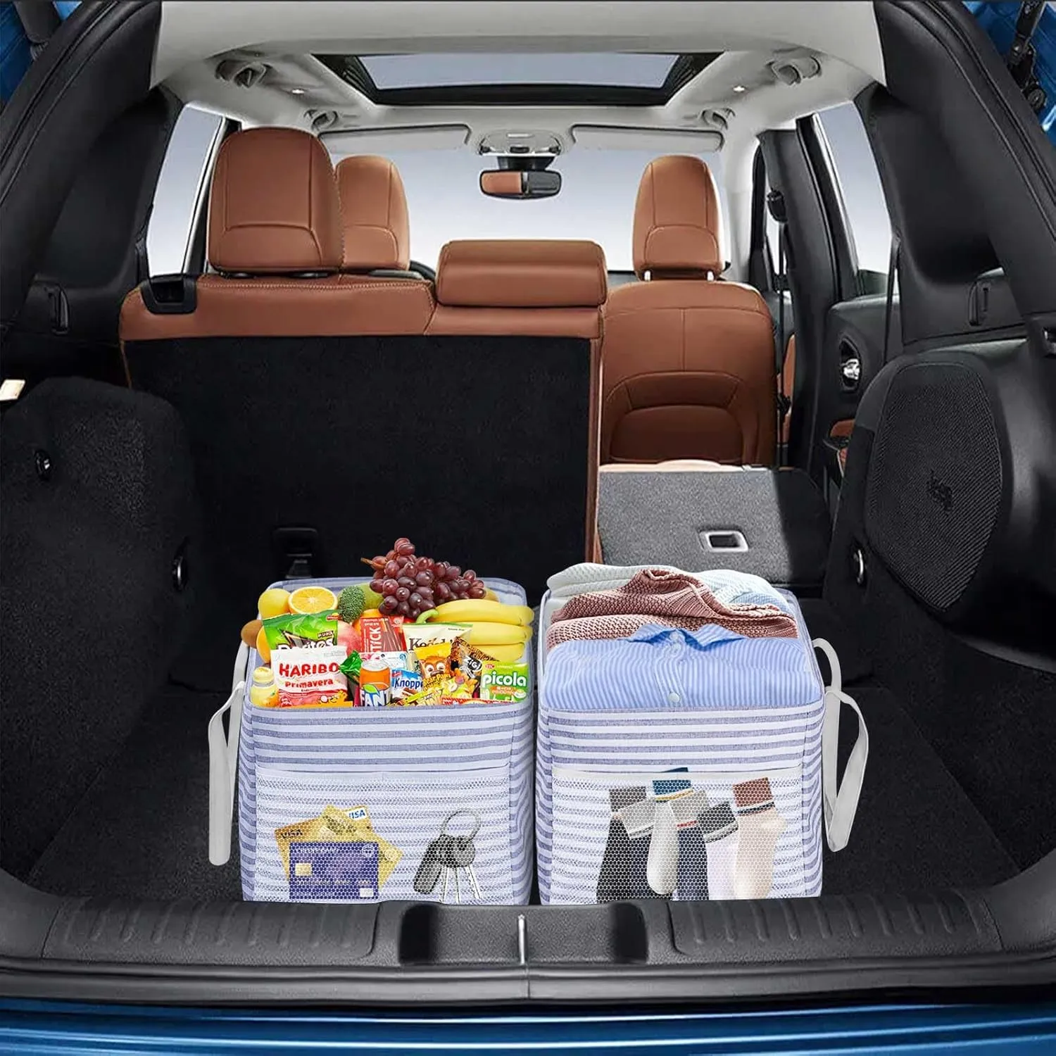 LHZK Standing Utility Tote Bag with Metal Wire Frame and the Sides Rinforced, Large Tote Bag with Handle, Reusable Grocery Bags Foldable, Beach Bag, Car Tote (Blue, 18.5''x11.8''x11.5'')