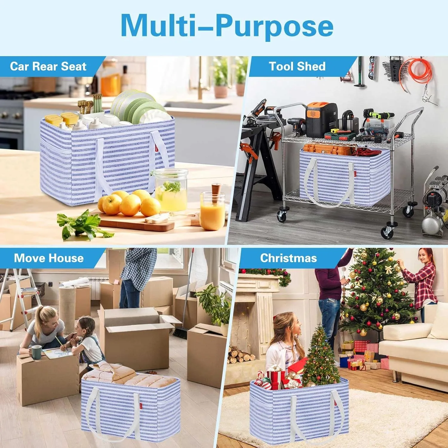 LHZK Standing Utility Tote Bag with Metal Wire Frame and the Sides Rinforced, Large Tote Bag with Handle, Reusable Grocery Bags Foldable, Beach Bag, Car Tote (Blue, 18.5''x11.8''x11.5'')