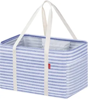 LHZK Standing Utility Tote Bag with Metal Wire Frame and the Sides Rinforced, Large Tote Bag with Handle, Reusable Grocery Bags Foldable, Beach Bag, Car Tote (Blue, 18.5''x11.8''x11.5'')