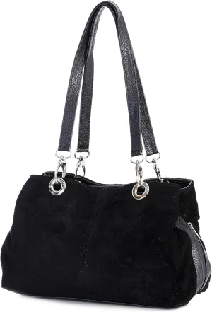 LiaTalia - Lush Italian Suede Womens Twin Handle Multi Zip Pockets Small Shoulder Bag - HOLLY