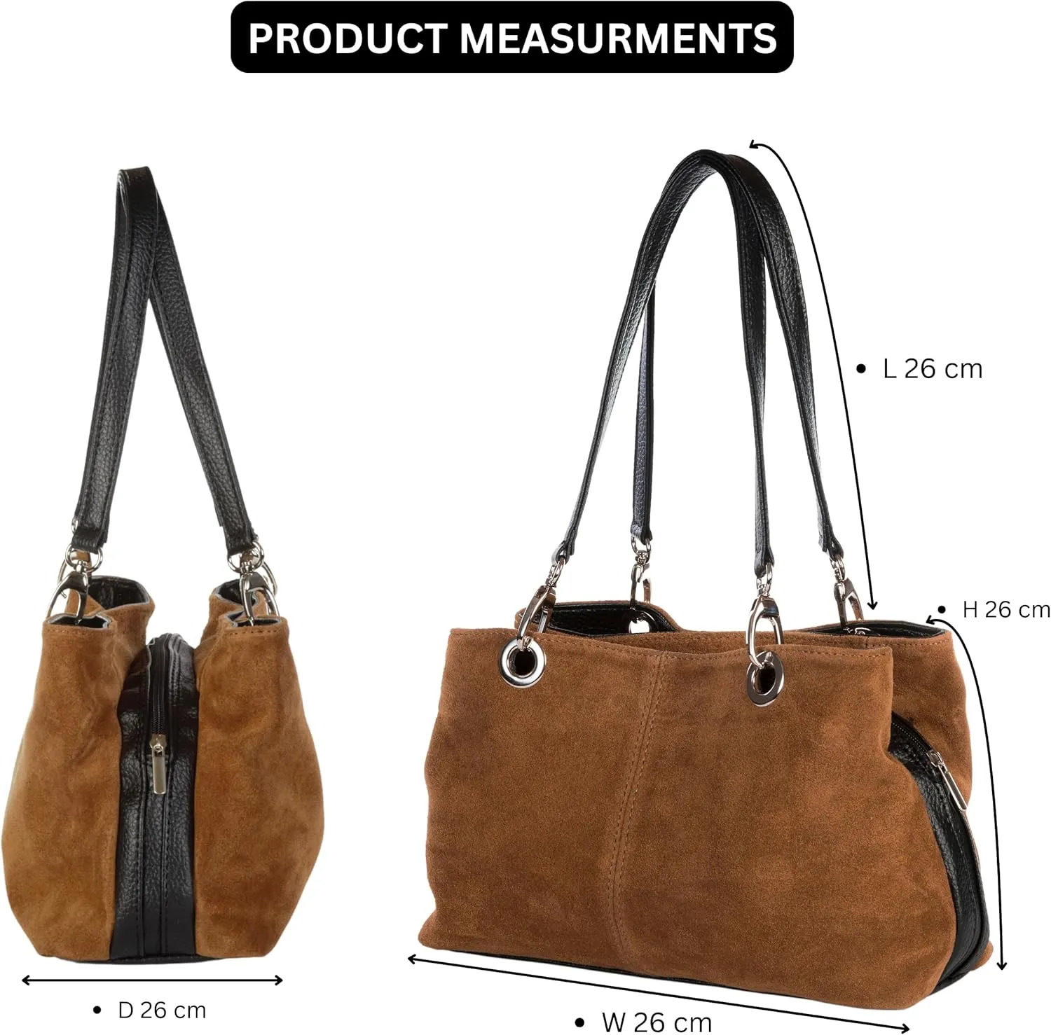 LiaTalia - Lush Italian Suede Womens Twin Handle Multi Zip Pockets Small Shoulder Bag - HOLLY