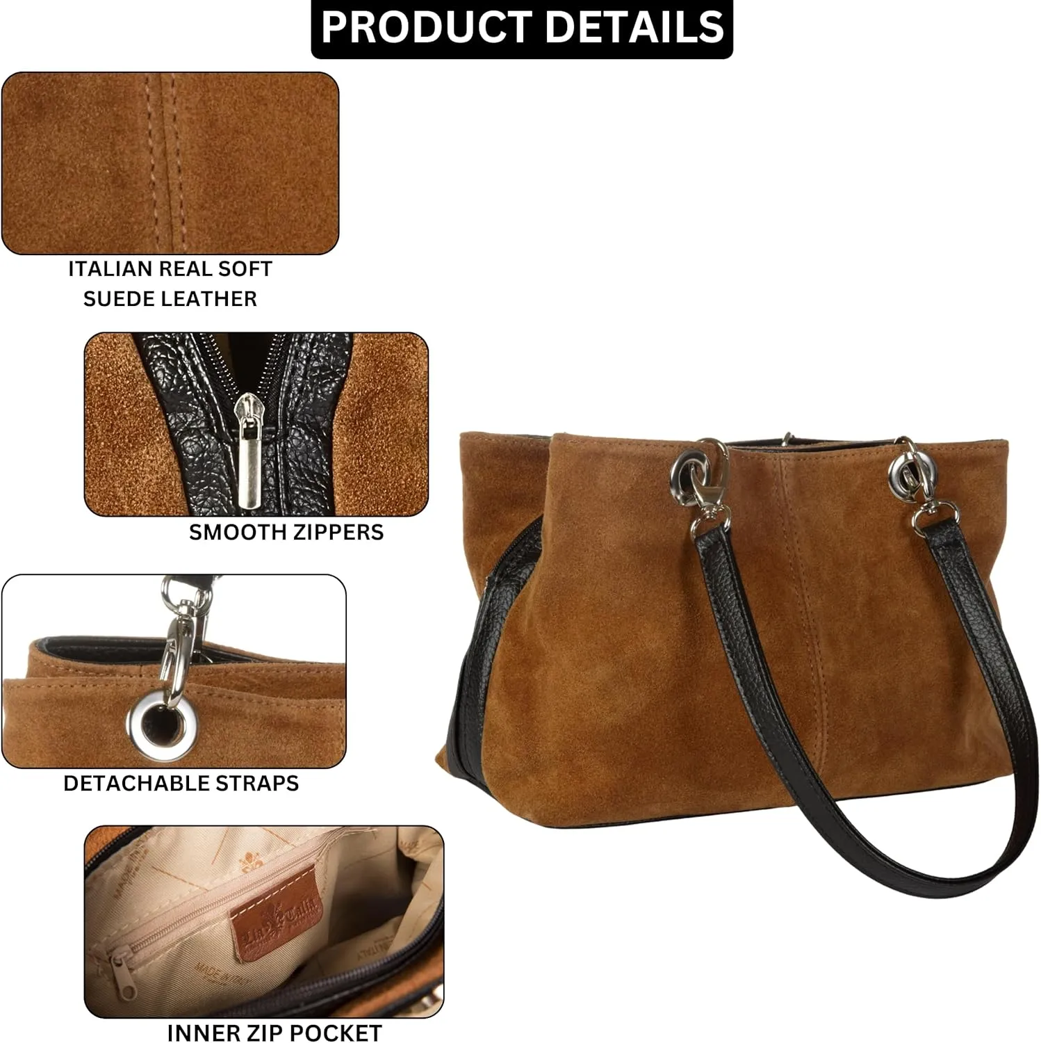 LiaTalia - Lush Italian Suede Womens Twin Handle Multi Zip Pockets Small Shoulder Bag - HOLLY