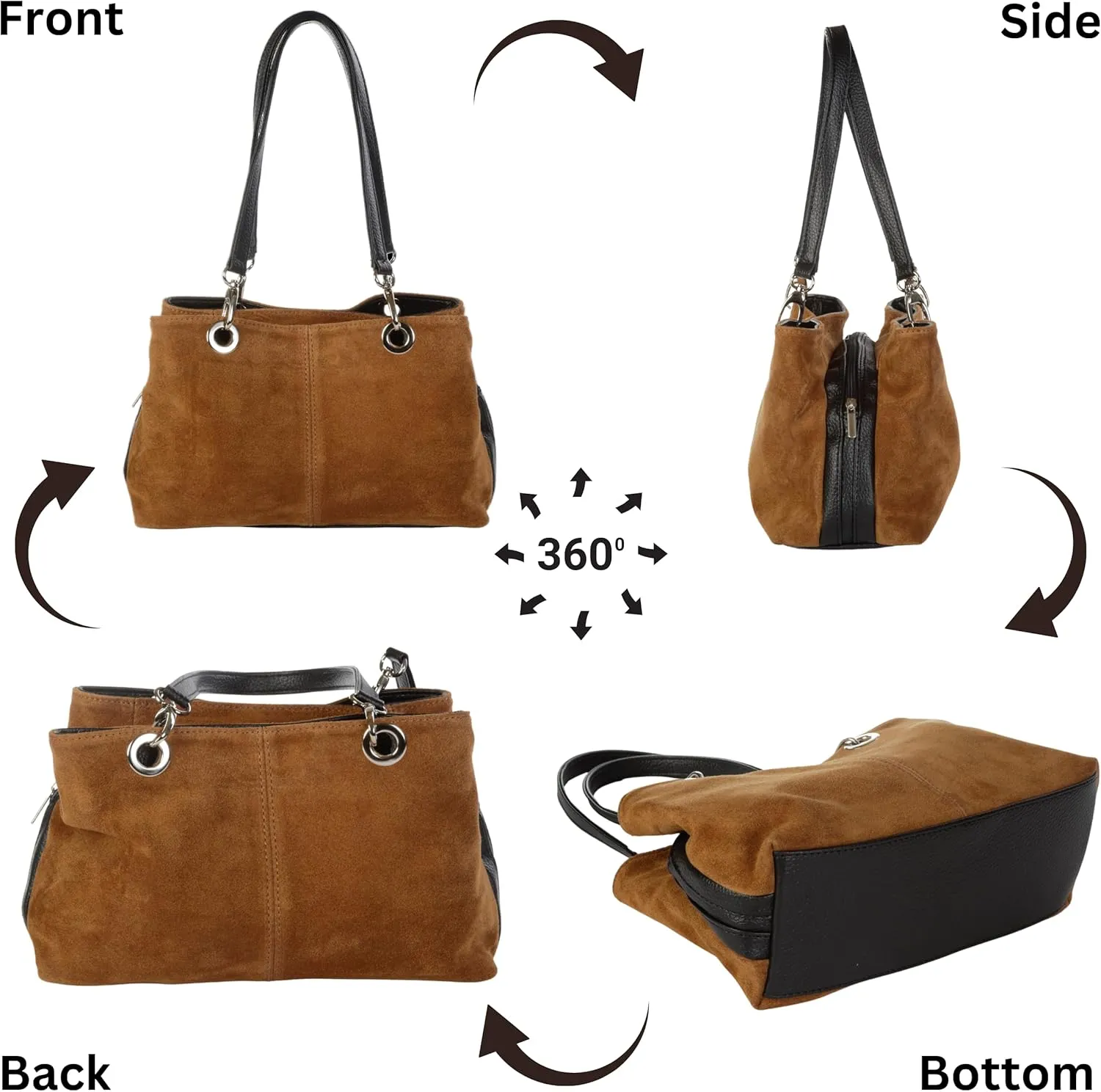 LiaTalia - Lush Italian Suede Womens Twin Handle Multi Zip Pockets Small Shoulder Bag - HOLLY