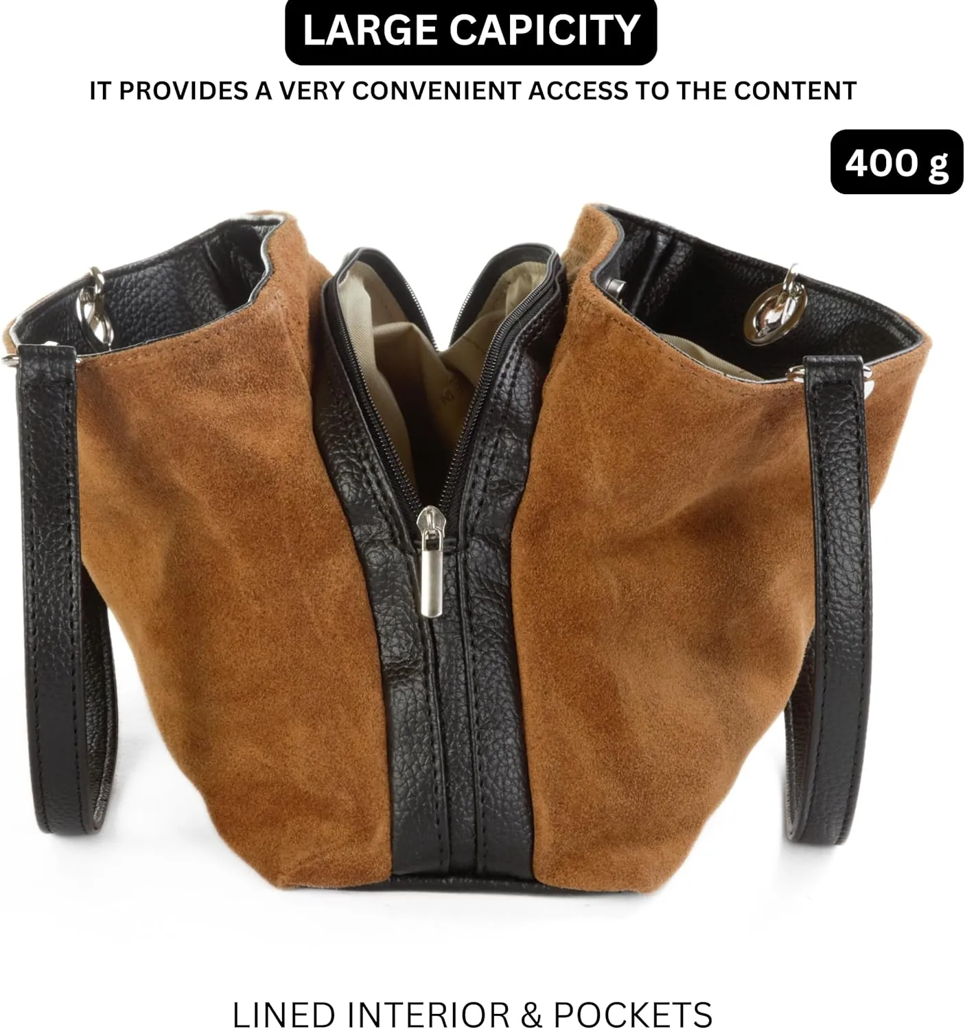 LiaTalia - Lush Italian Suede Womens Twin Handle Multi Zip Pockets Small Shoulder Bag - HOLLY