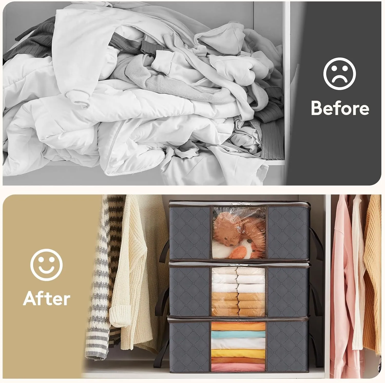Lifewit 6 Pack Clothes Storage Bag, Foldable Storage Bin Closet Organizer with Reinforced Handle, Sturdy Fabric Blanket Storage with Clear Window, Storage Containers for Clothing, Bedding, Gray