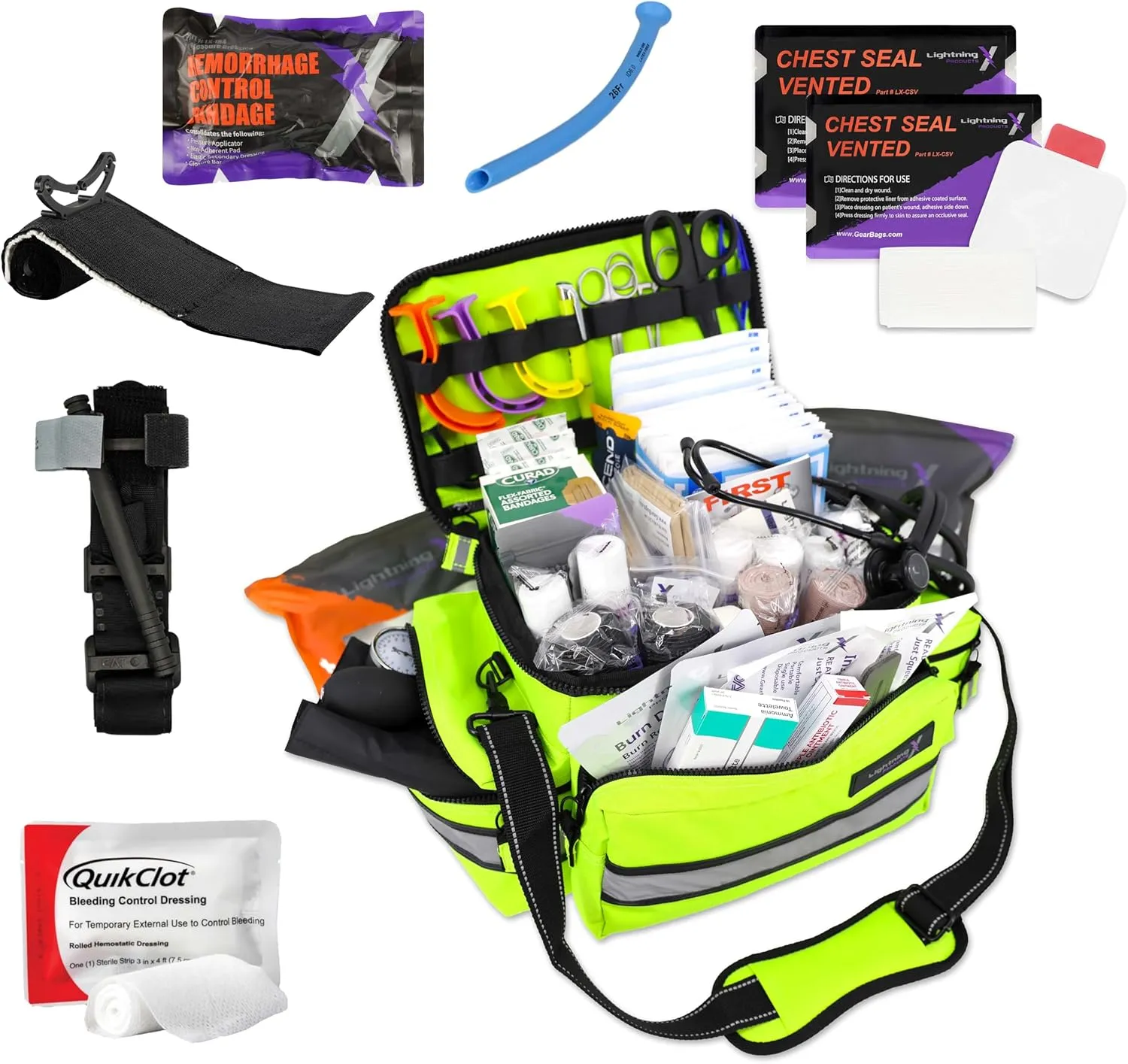 Lightning X Mid-Sized First Responder EMT Bag | LXMB25 | Fully Stocked w/ 248  First Aid Supplies   Trauma Pak w/C.A.T. Tourniquet & QuikClot - Fluorescent Yellow