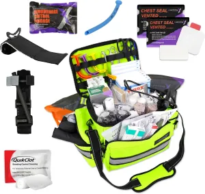 Lightning X Mid-Sized First Responder EMT Bag | LXMB25 | Fully Stocked w/ 248  First Aid Supplies   Trauma Pak w/C.A.T. Tourniquet & QuikClot - Fluorescent Yellow