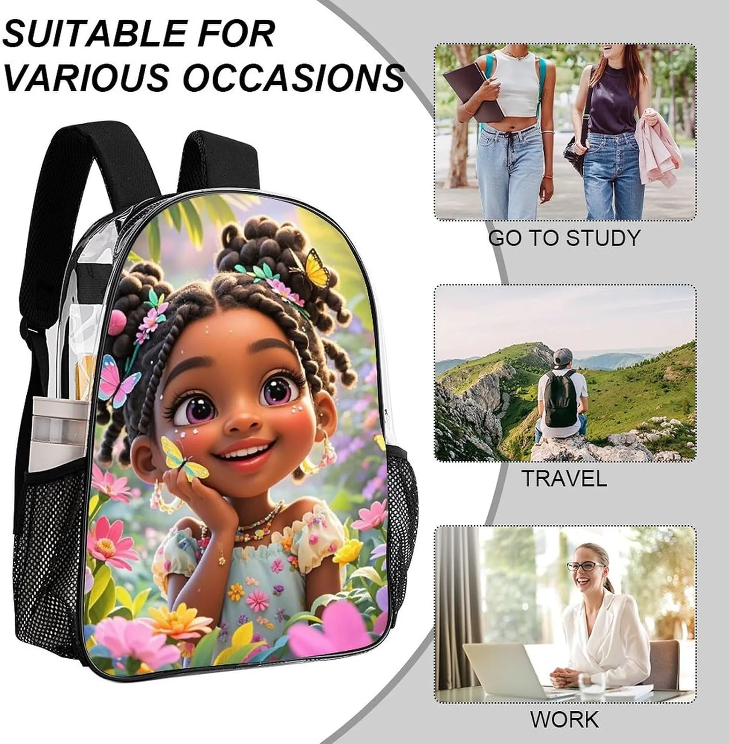 Lightweight Backpack for Gym Travel Bicycle - Big Capacity Multipurpose Transparent Carry On Bag, Colorful Afro American Black Women With Butterflies Art Travel Hiking Bag & Day Pack