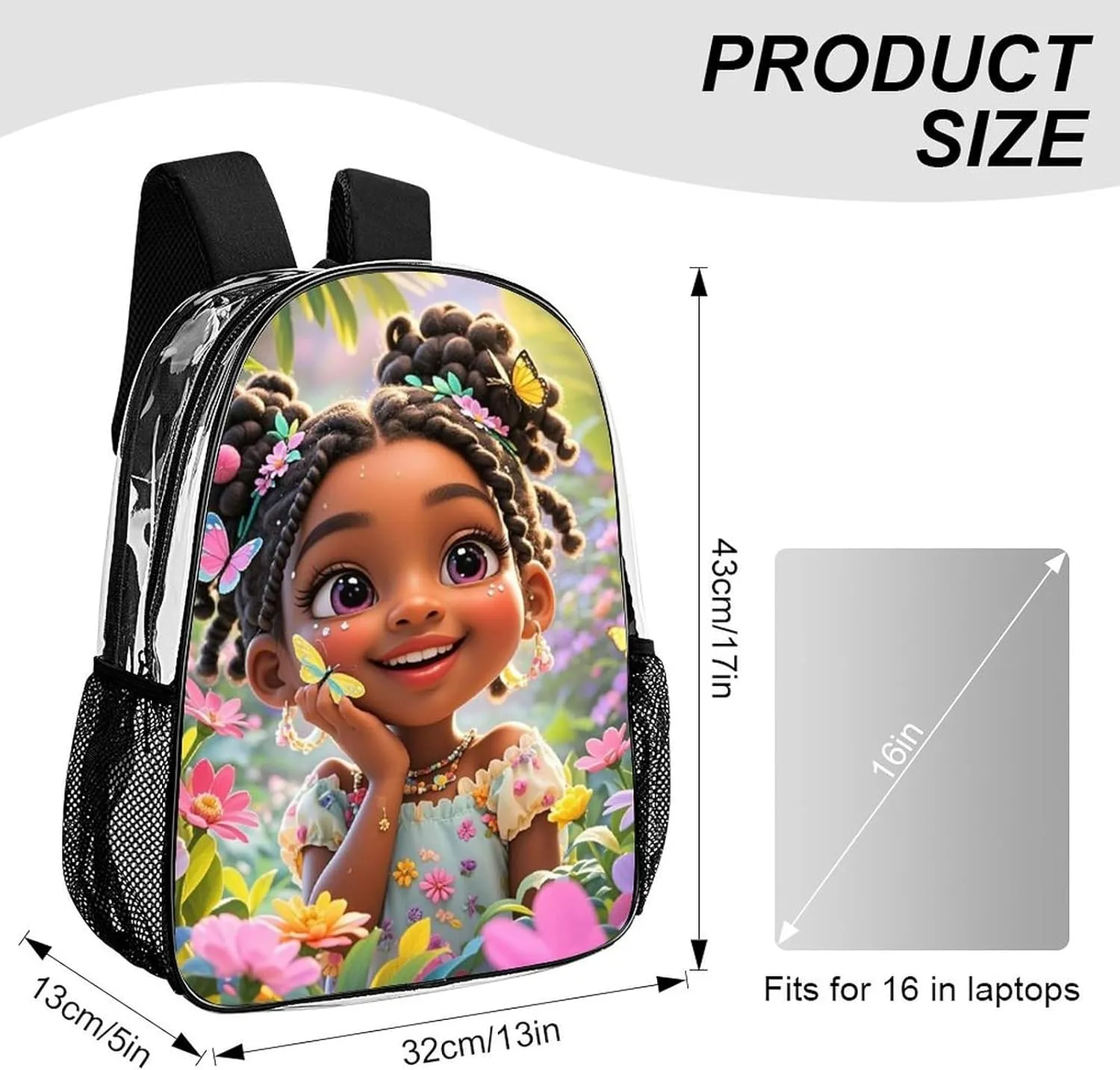 Lightweight Backpack for Gym Travel Bicycle - Big Capacity Multipurpose Transparent Carry On Bag, Colorful Afro American Black Women With Butterflies Art Travel Hiking Bag & Day Pack