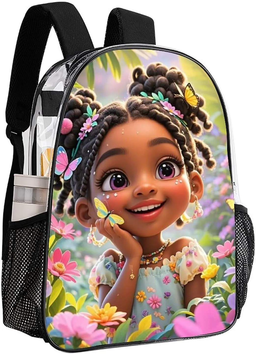 Lightweight Backpack for Gym Travel Bicycle - Big Capacity Multipurpose Transparent Carry On Bag, Colorful Afro American Black Women With Butterflies Art Travel Hiking Bag & Day Pack