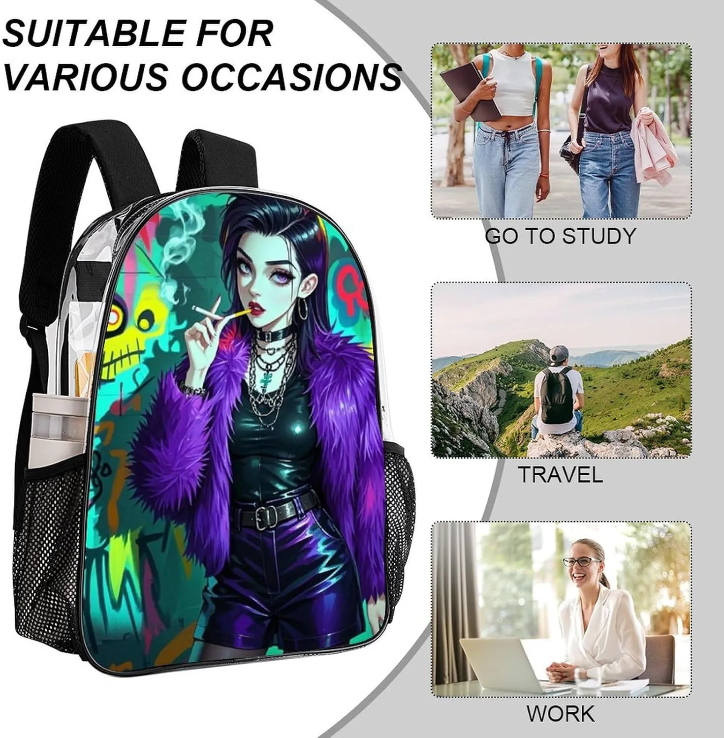 Lightweight Backpack for Gym Travel Bicycle - Big Capacity Multipurpose Transparent Carry On Bag, Cool Aesthetic Women Gothic Woman Style Art Travel Hiking Bag & Day Pack