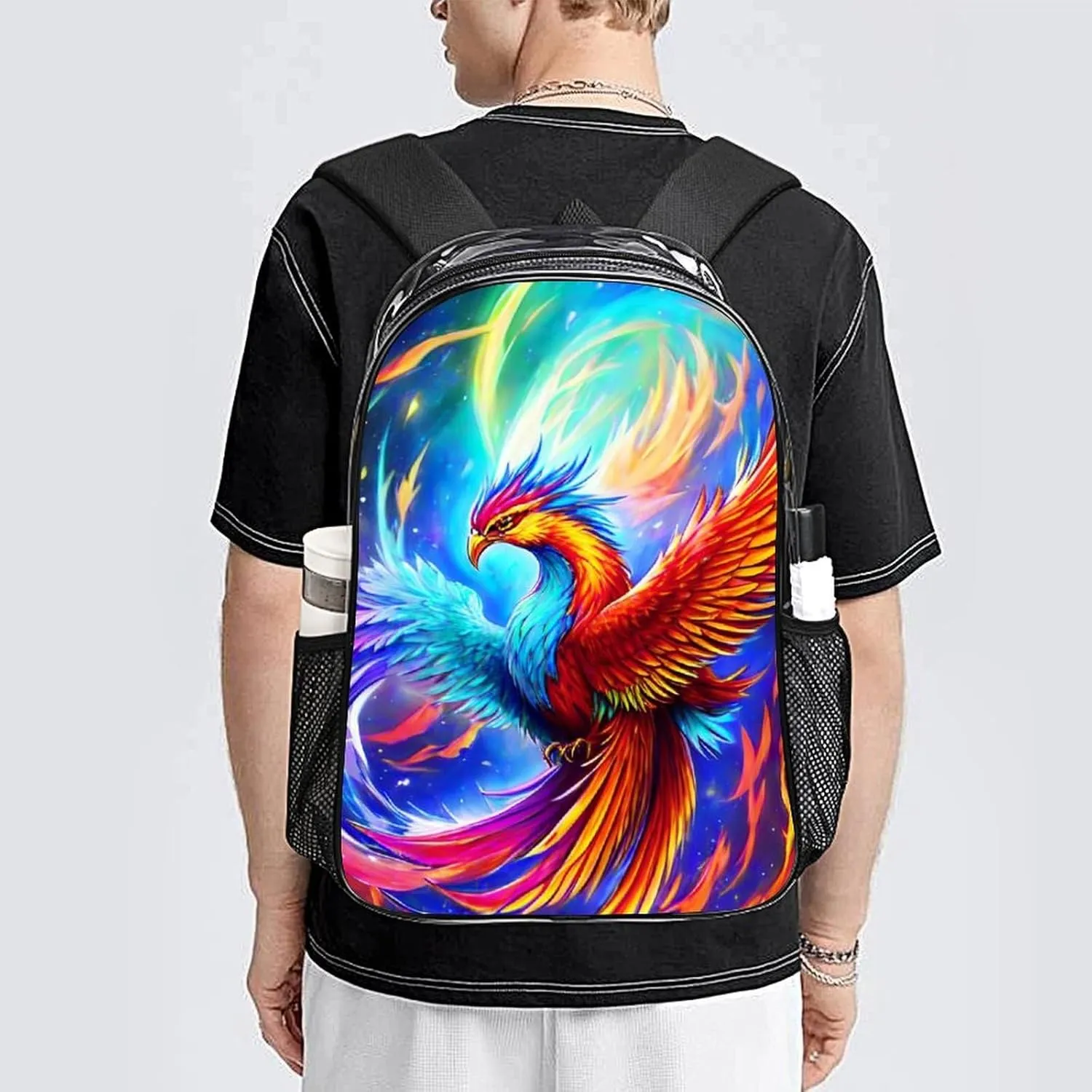 Lightweight Daypack Backpack for Sports Travel Running - Large Capacity Multipurpose Transparent Bookbag, Mythical Red And Blue Fire Phoenix Bird Art Laptop Backpack Daypack