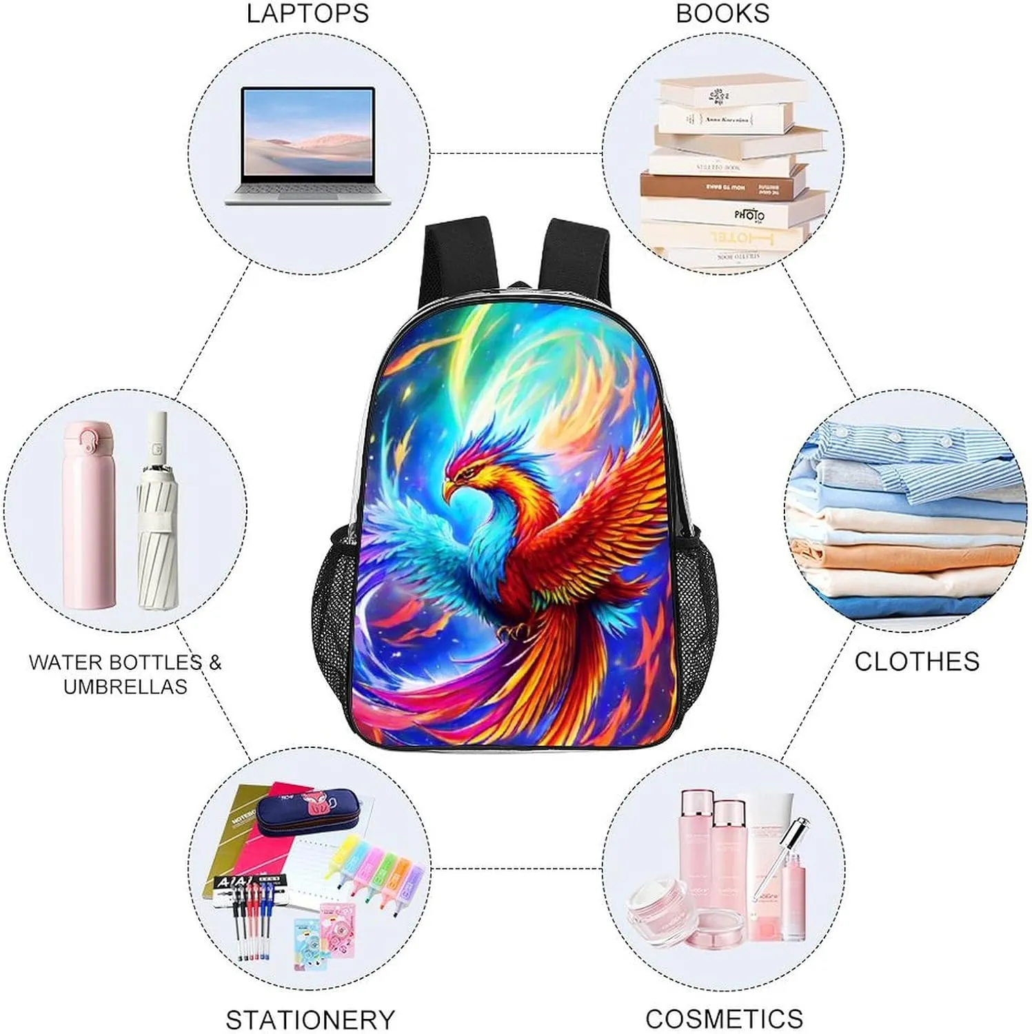 Lightweight Daypack Backpack for Sports Travel Running - Large Capacity Multipurpose Transparent Bookbag, Mythical Red And Blue Fire Phoenix Bird Art Laptop Backpack Daypack
