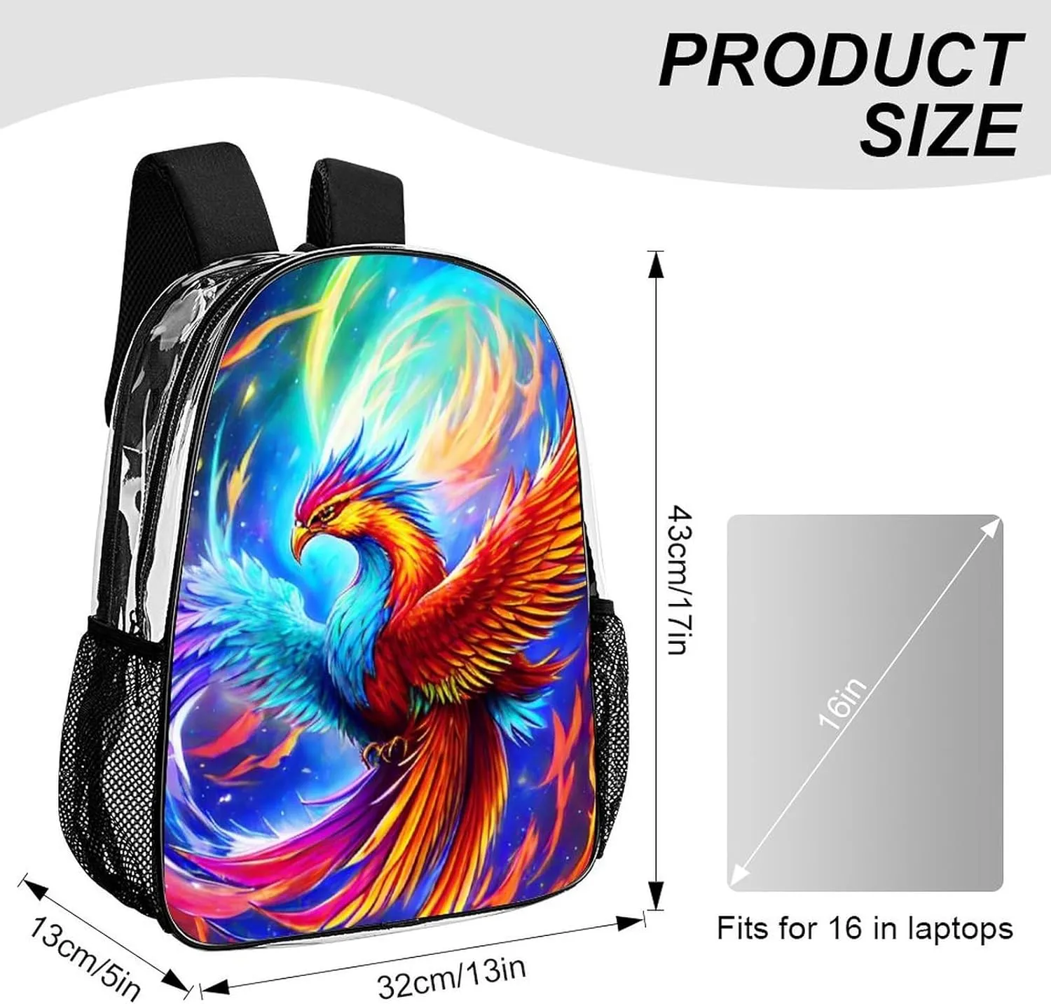 Lightweight Daypack Backpack for Sports Travel Running - Large Capacity Multipurpose Transparent Bookbag, Mythical Red And Blue Fire Phoenix Bird Art Laptop Backpack Daypack